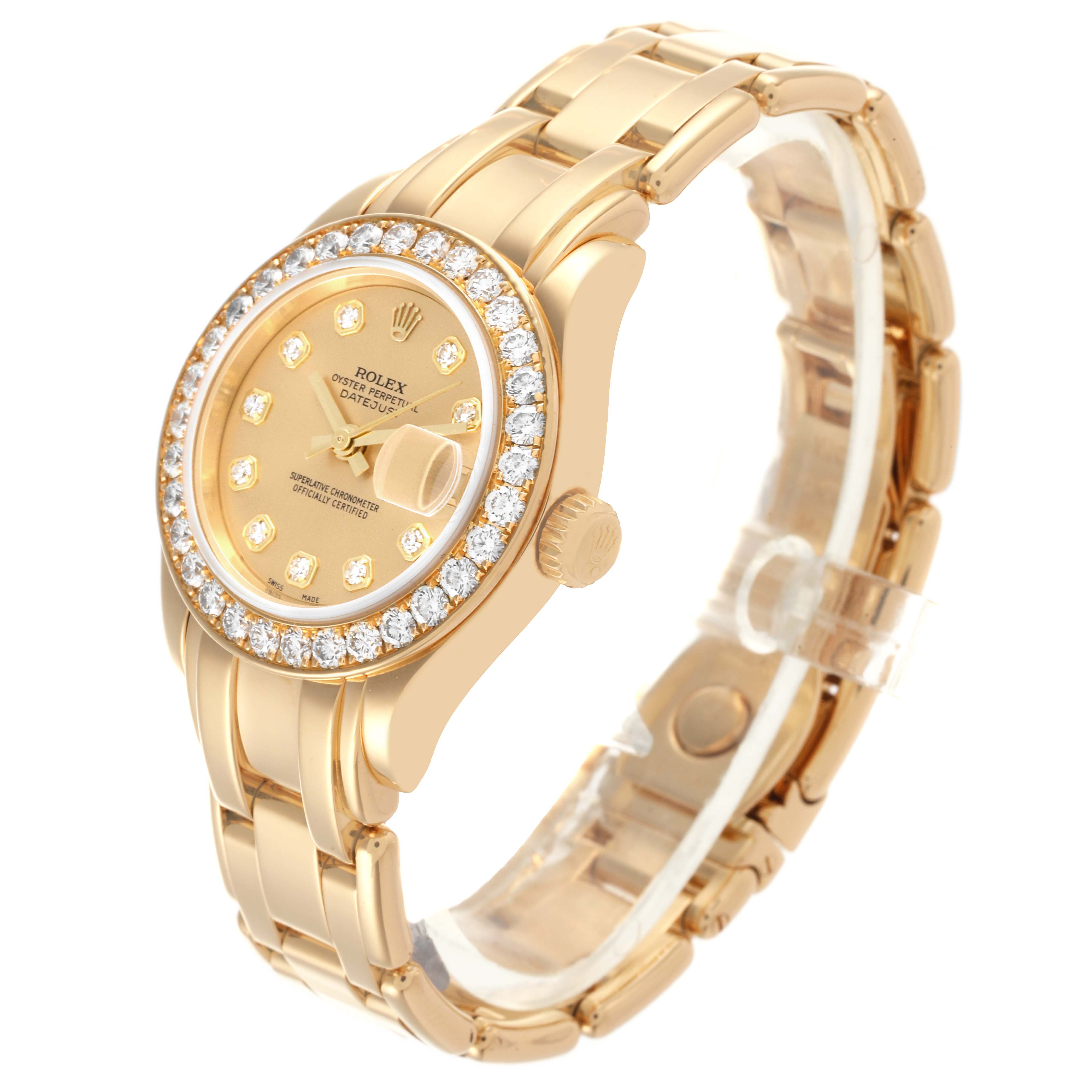 The Rolex Pearlmaster 80298 Women's Yellow Gold Champagne Dial 80298 Women's Yellow Gold Champagne Dial watch is shown at a front-side angle, highlighting the bezel, dial, case, crown, and bracelet.