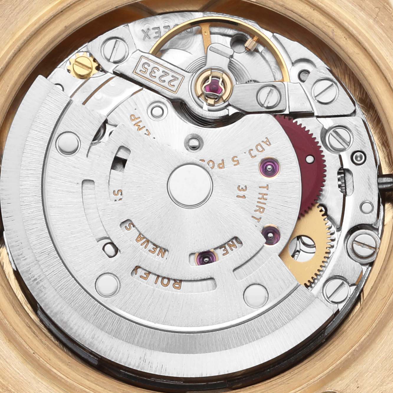 The image shows the internal mechanism and movement of the Rolex Pearlmaster 80298 Women's Yellow Gold Champagne Dial 80298 Women's Yellow Gold Champagne Dial watch at a close-up angle.