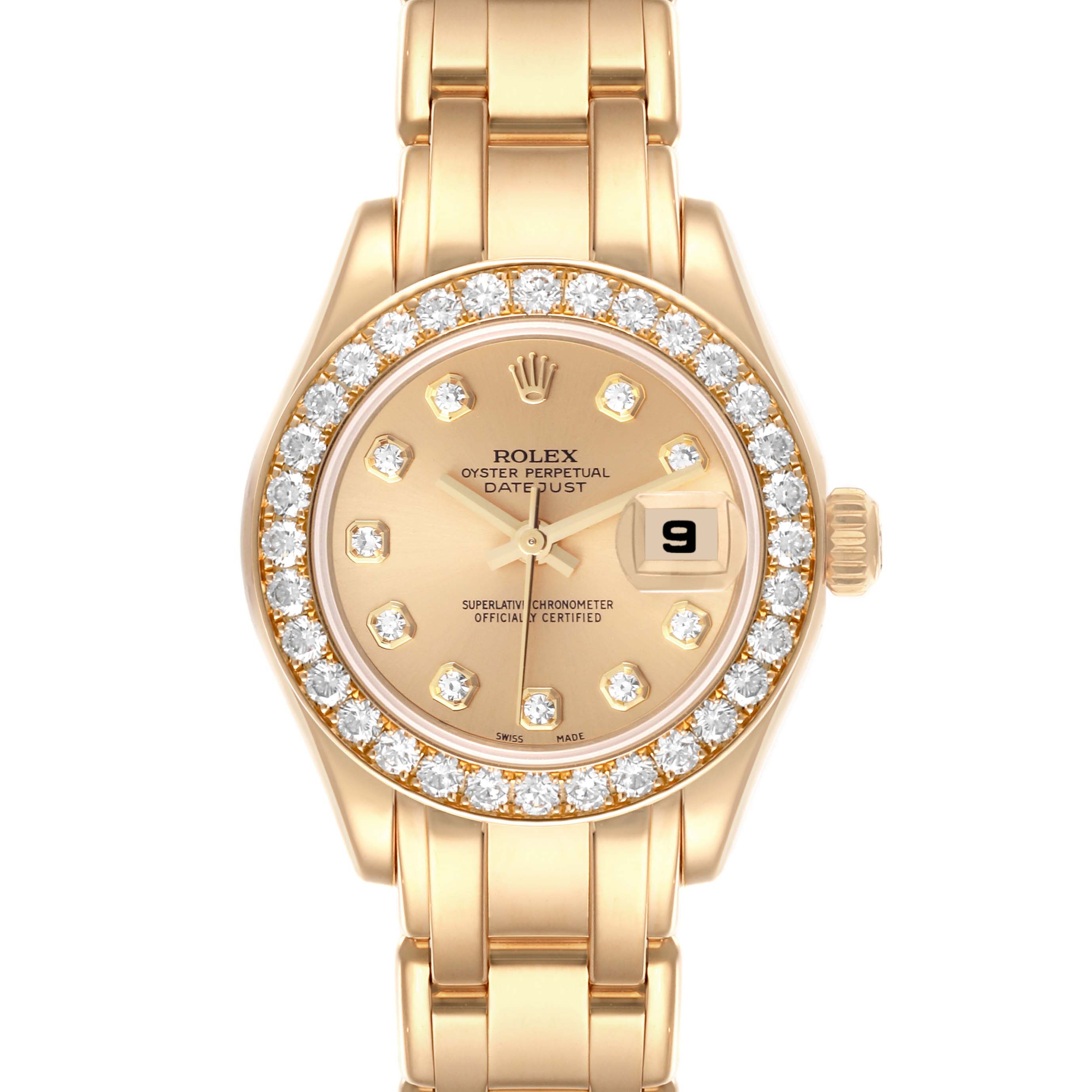 The Rolex Pearlmaster 80298 Women's Yellow Gold Champagne Dial 80298 Women's Yellow Gold Champagne Dial watch is shown from the front, displaying the face, bezel, and bracelet.