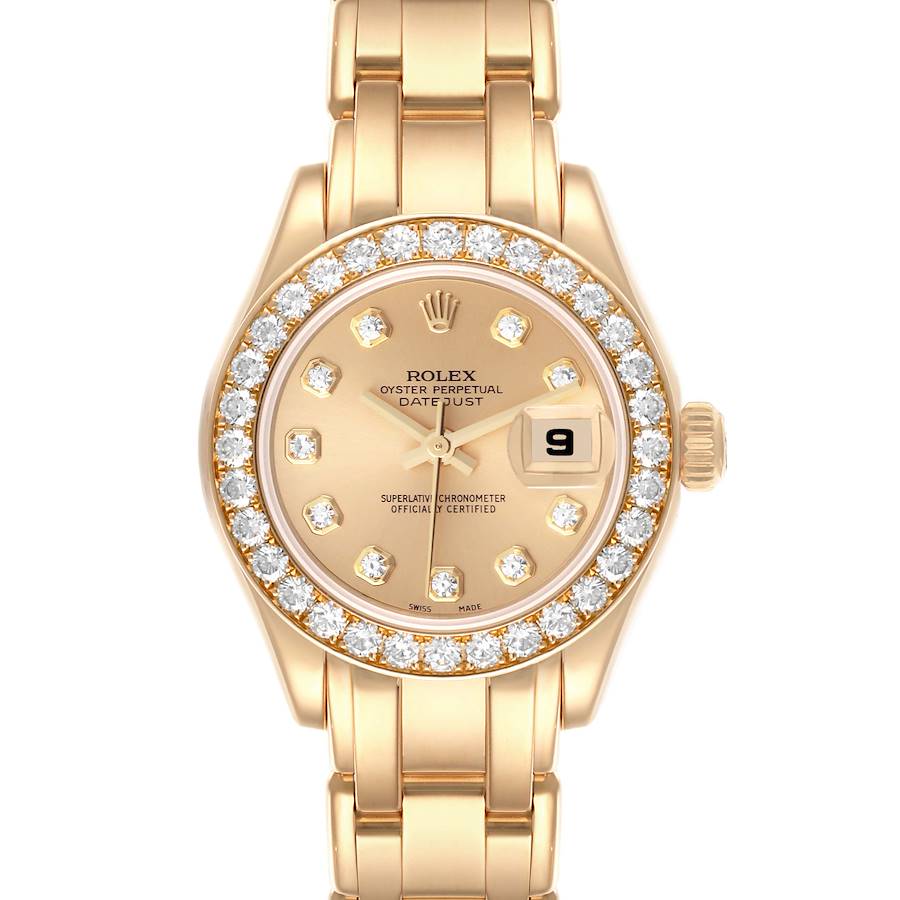 The Rolex Pearlmaster watch is shown from the front, displaying the face, bezel, and bracelet.