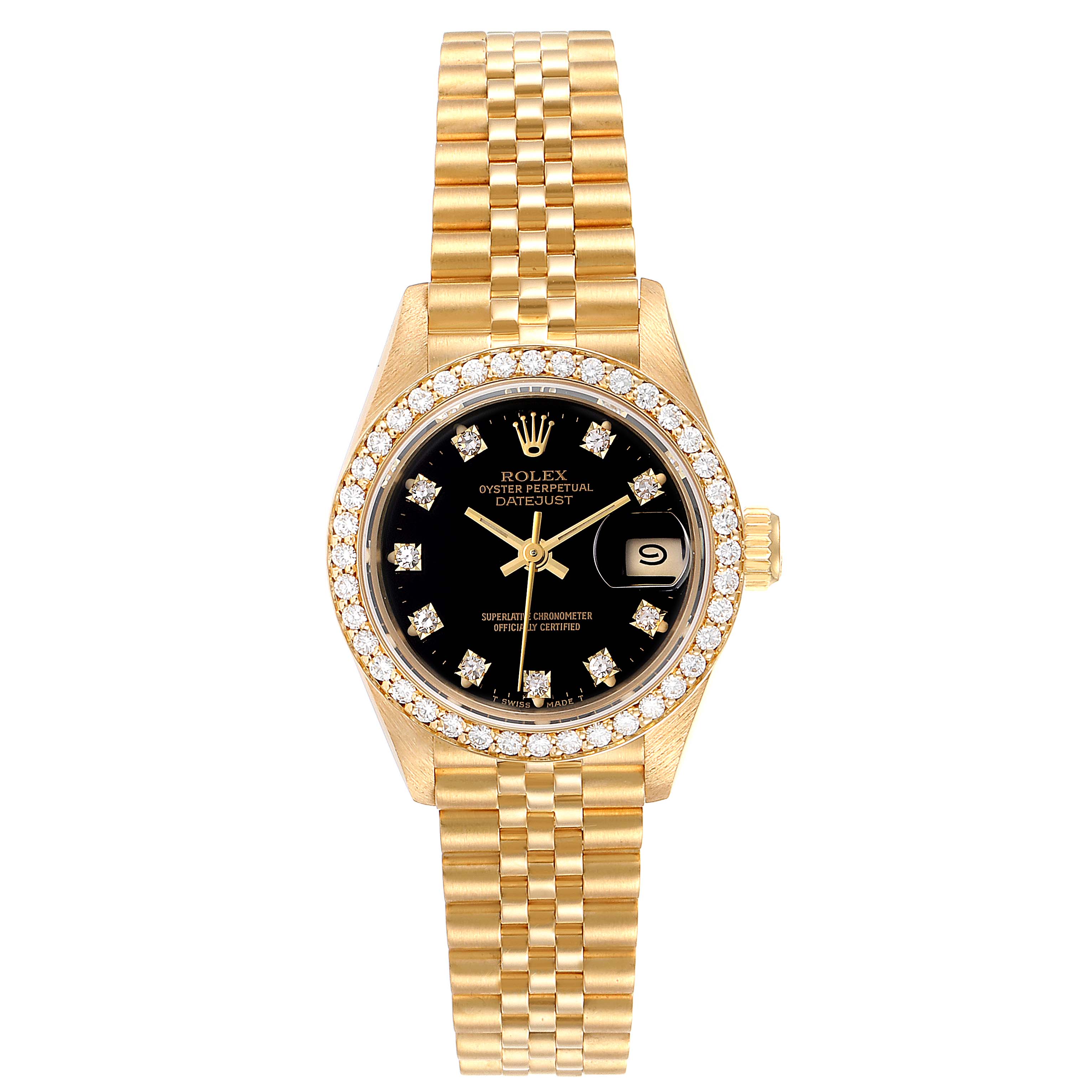 This image shows a Rolex President 69138 Women's Yellow Gold Black Dial 69138 Women's Yellow Gold Black Dial Datejust watch from a top-down angle, highlighting the dial, bezel, and bracelet.