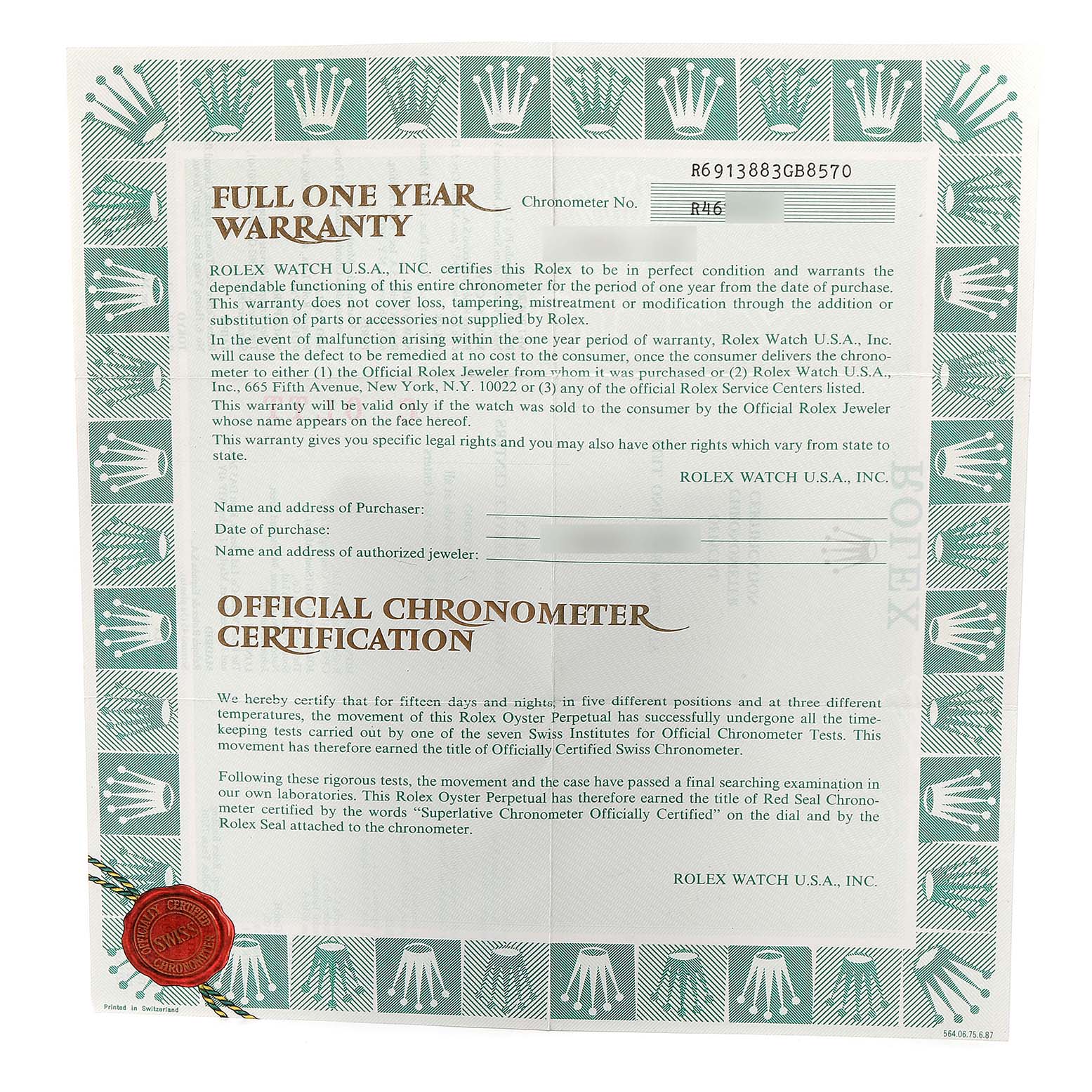 The image shows the warranty and certification document for a Rolex President 69138 Women's Yellow Gold Black Dial 69138 Women's Yellow Gold Black Dial model watch.