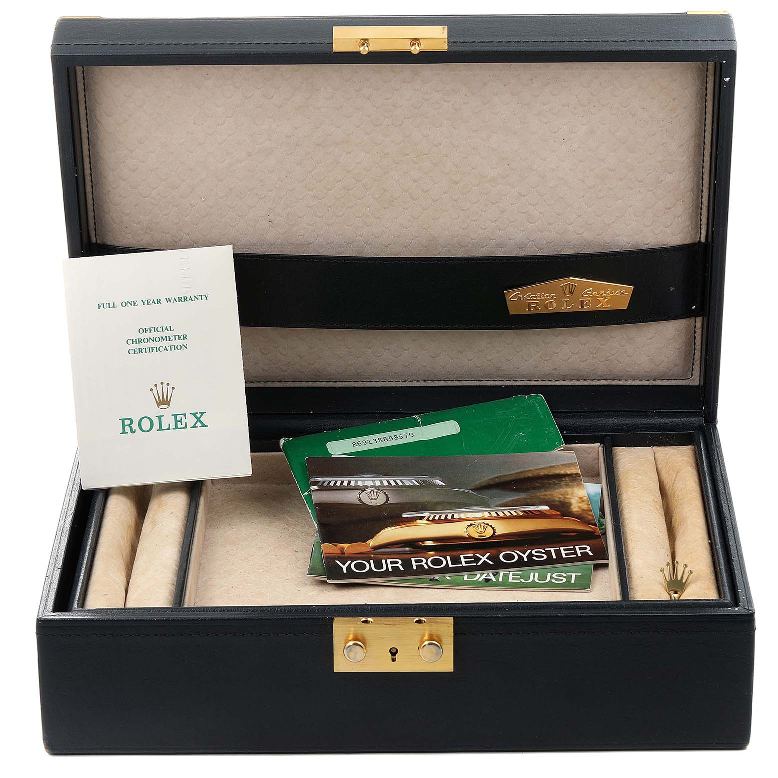 The image shows a Rolex President 69138 Women's Yellow Gold Black Dial 69138 Women's Yellow Gold Black Dial model watch accessories box, including booklets, certification, and cushioning for the watch.