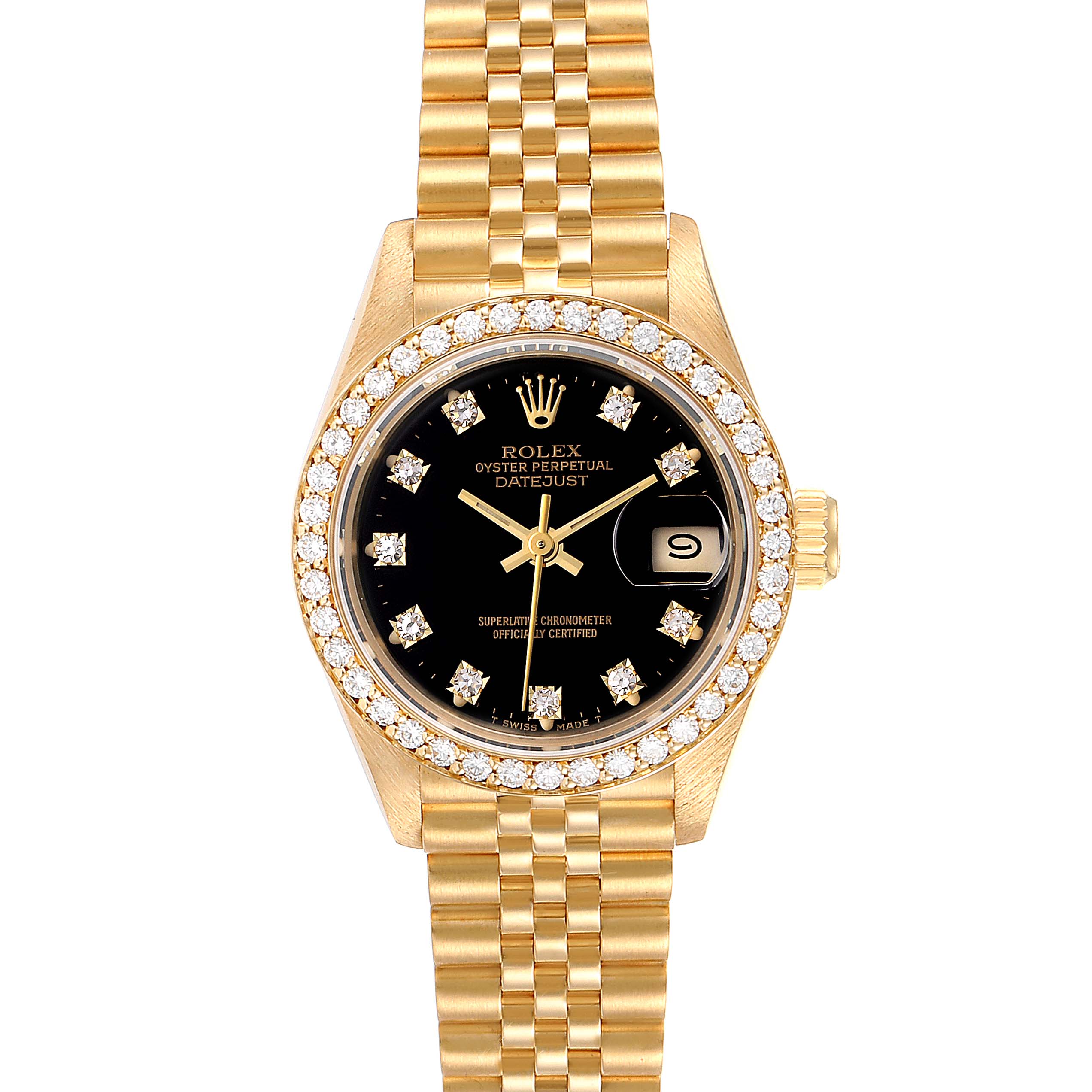 This image shows a frontal view of a Rolex President 69138 Women's Yellow Gold Black Dial 69138 Women's Yellow Gold Black Dial model watch, featuring its dial, bezel, and bracelet.