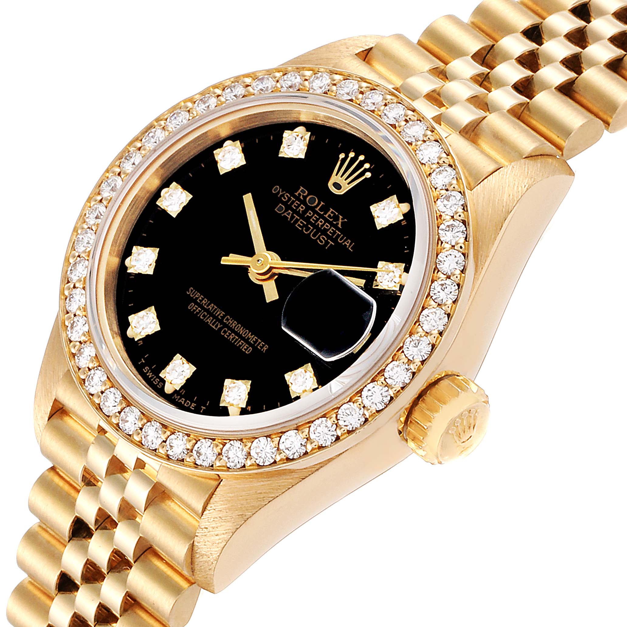 The image shows a close-up of the Rolex President 69138 Women's Yellow Gold Black Dial 69138 Women's Yellow Gold Black Dial watch, displaying the face, bezel, crown, and part of the bracelet.