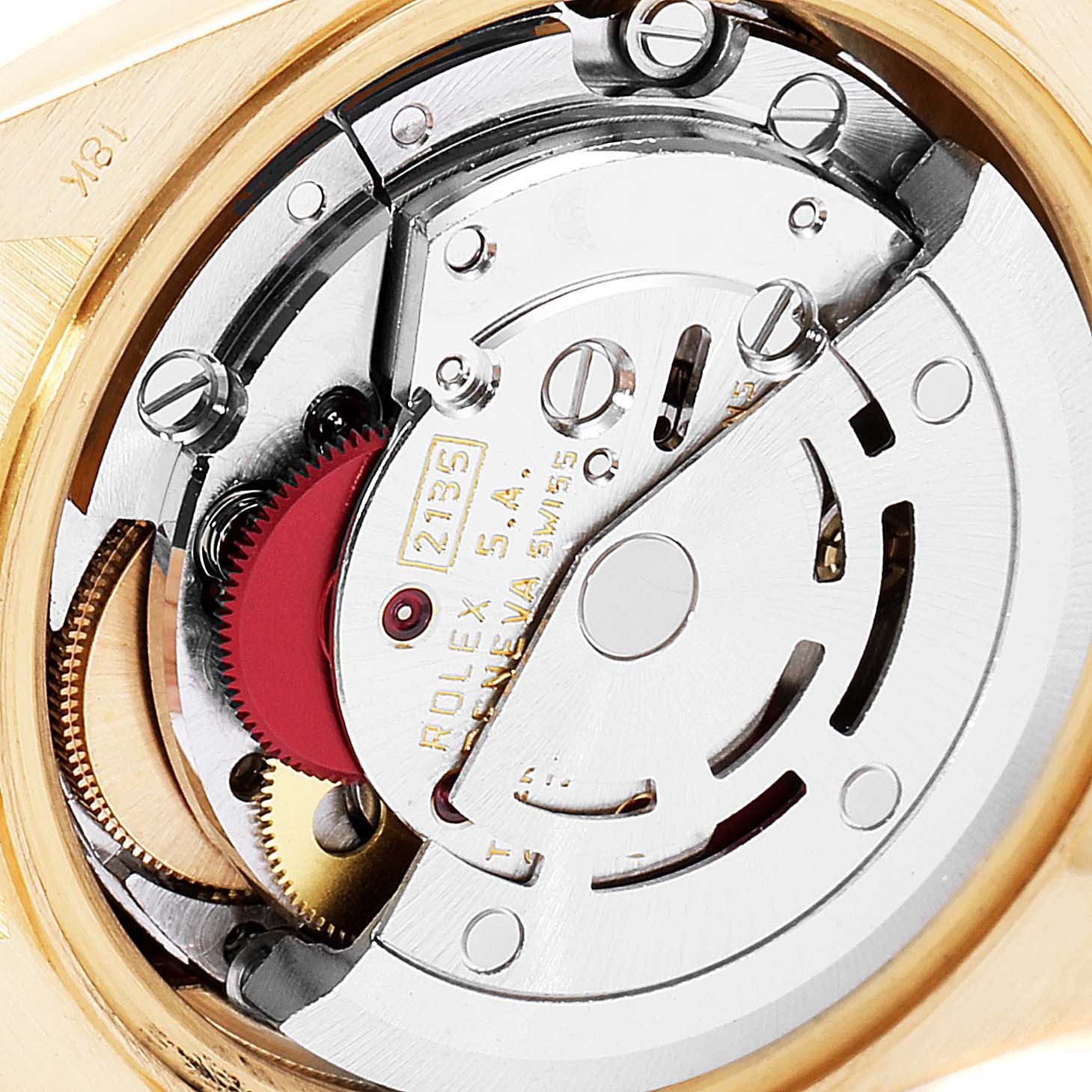 This image shows the internal mechanism of a Rolex President 69138 Women's Yellow Gold Black Dial 69138 Women's Yellow Gold Black Dial model watch from a close-up angle.
