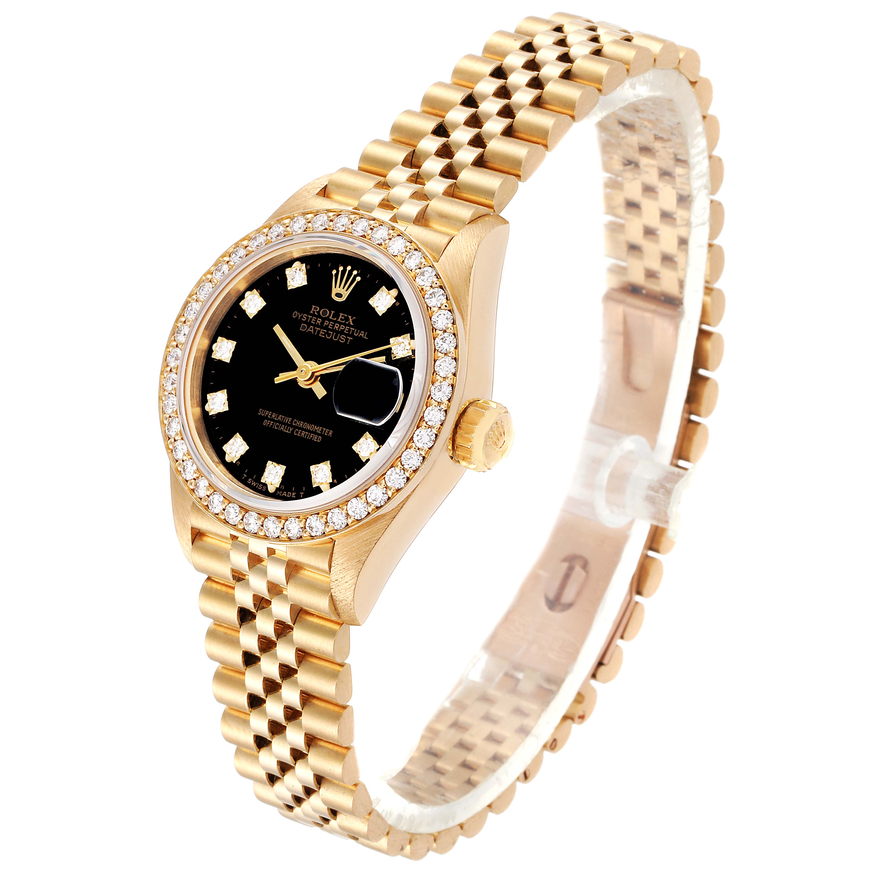 The image shows a Rolex President 69138 Women's Yellow Gold Black Dial 69138 Women's Yellow Gold Black Dial model watch in a three-quarter view, highlighting the face, bezel, crown, and bracelet.