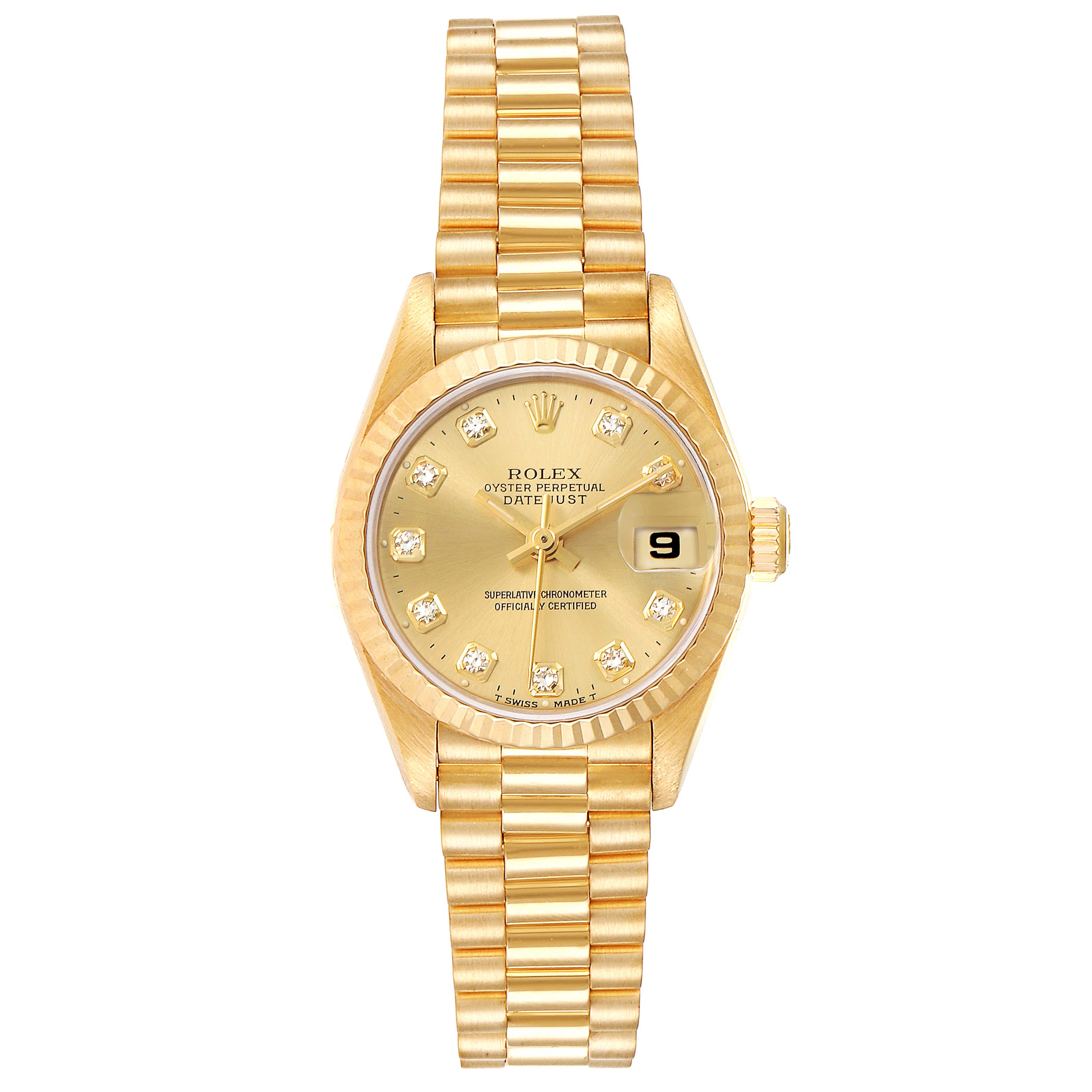 This is a front view of the Rolex President 69178 Women
s Yellow Gold Champagne Dial 69178 Women
s Yellow Gold Champagne Dial model watch, showing the dial, bracelet, and date window.