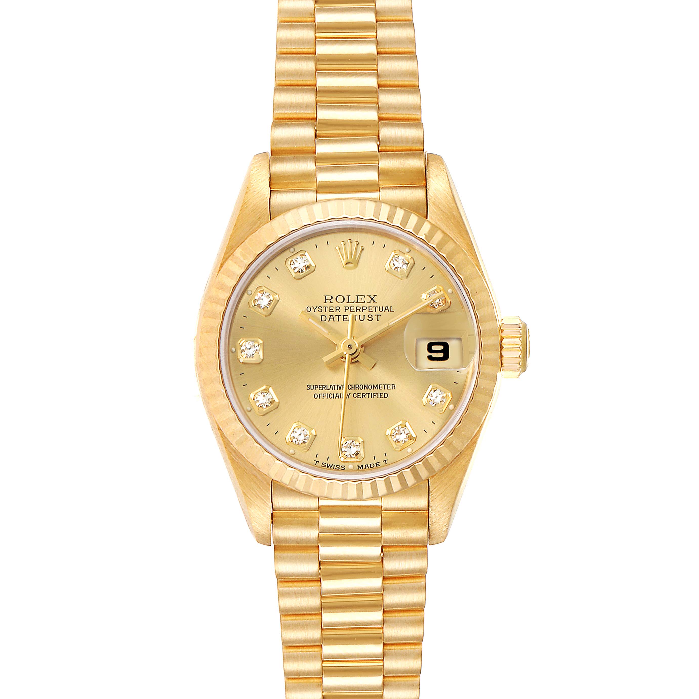 The image shows a gold Rolex President 69178 Women
s Yellow Gold Champagne Dial 69178 Women
s Yellow Gold Champagne Dial Datejust watch from a front view, with the dial, bezel, bracelet, and date window clearly visible.