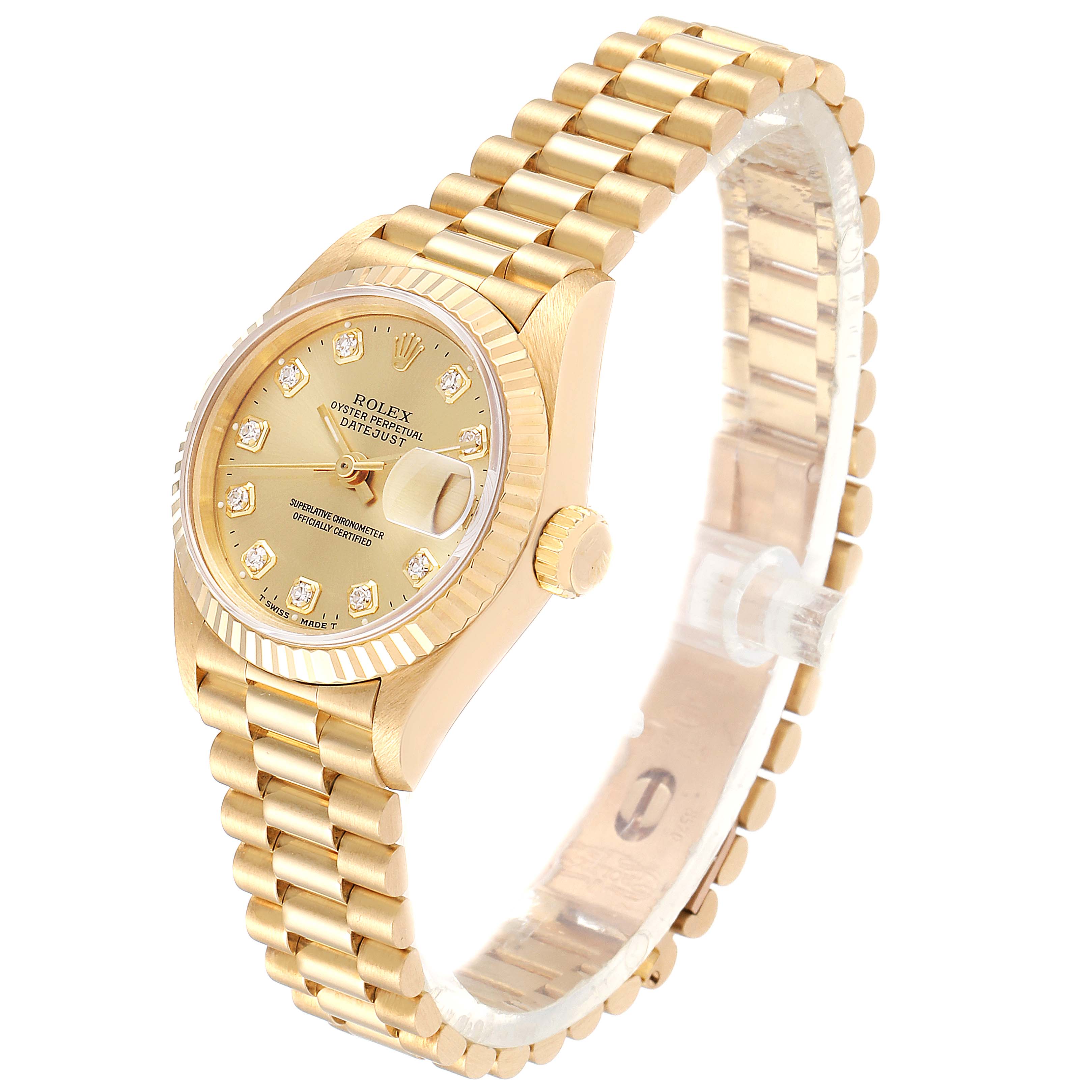 The image shows a side angle view of the Rolex President 69178 Women
s Yellow Gold Champagne Dial 69178 Women
s Yellow Gold Champagne Dial model watch, featuring the face, band, and crown.
