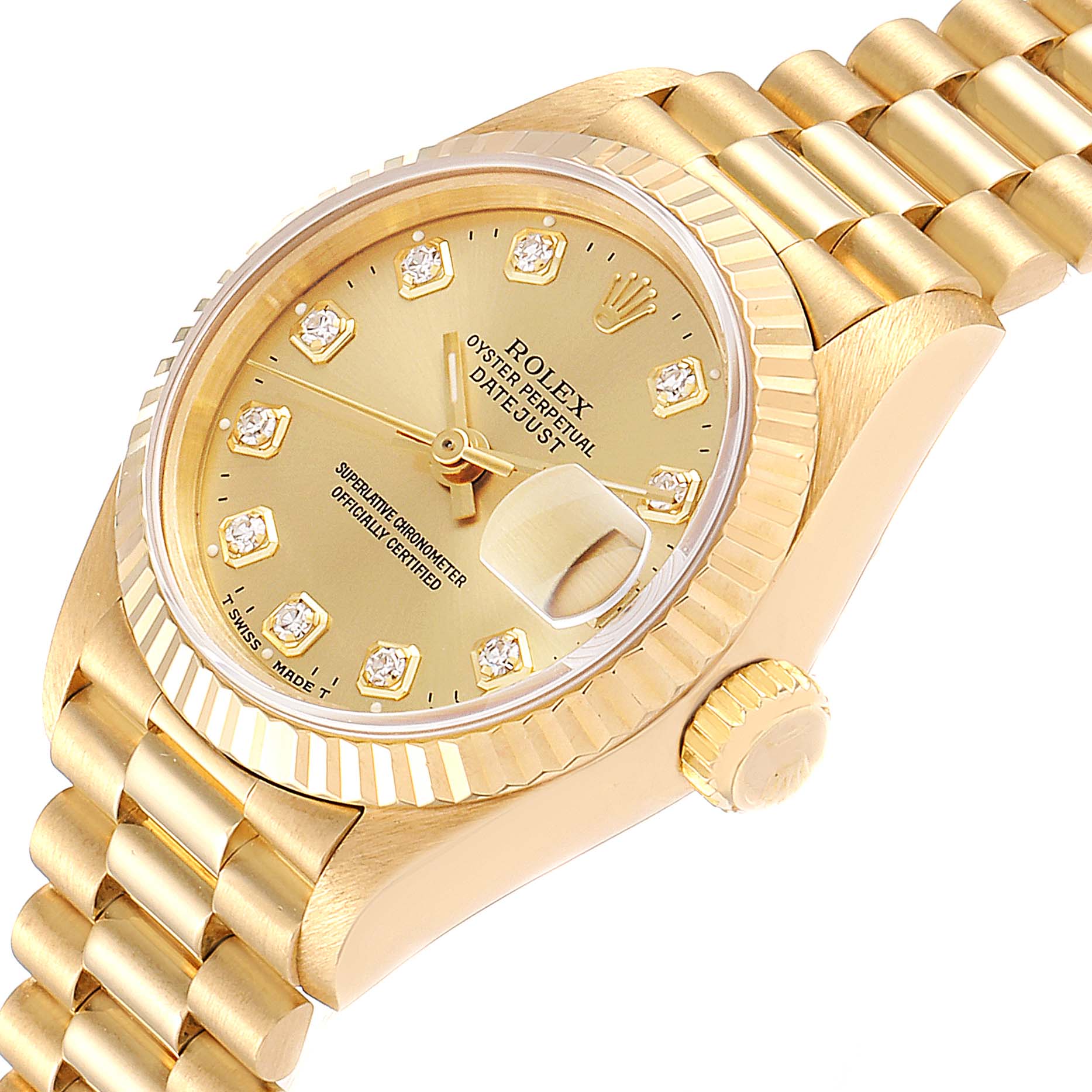 The image shows the face and part of the band of a Rolex President 69178 Women
s Yellow Gold Champagne Dial 69178 Women
s Yellow Gold Champagne Dial model watch at an angled view.