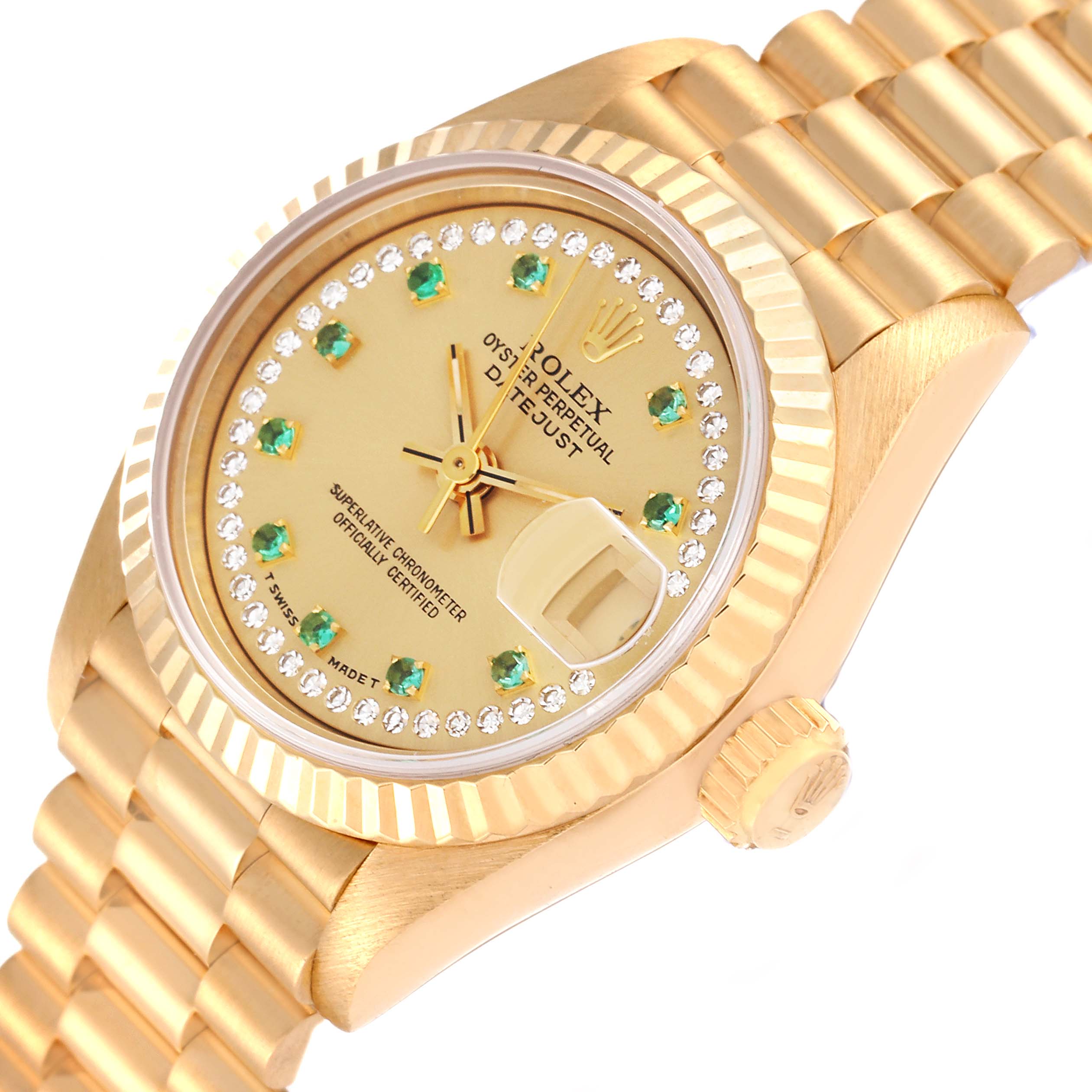 This image shows a close-up, angled view of the face and bracelet of a Rolex President 69178 Women's Yellow Gold Champagne Dial 69178 Women's Yellow Gold Champagne Dial model watch.
