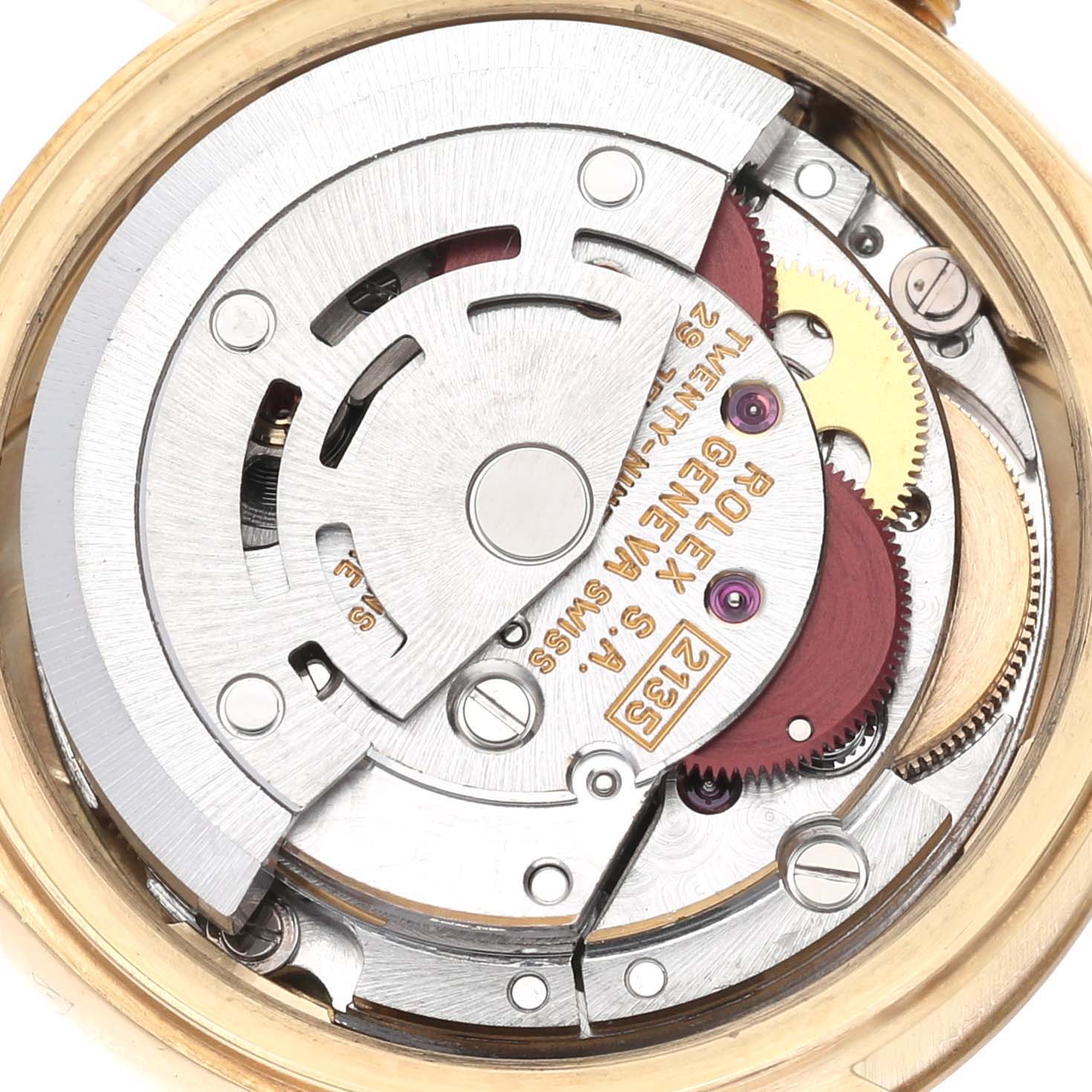 This image shows the internal mechanism of the Rolex President 69178 Women's Yellow Gold Champagne Dial 69178 Women's Yellow Gold Champagne Dial model watch from an angled side view.