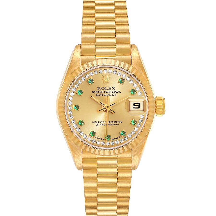 Rolex President Datejust Yellow Gold String Diamond Emerald Ladies Watch 69178 SwissWatchExpo