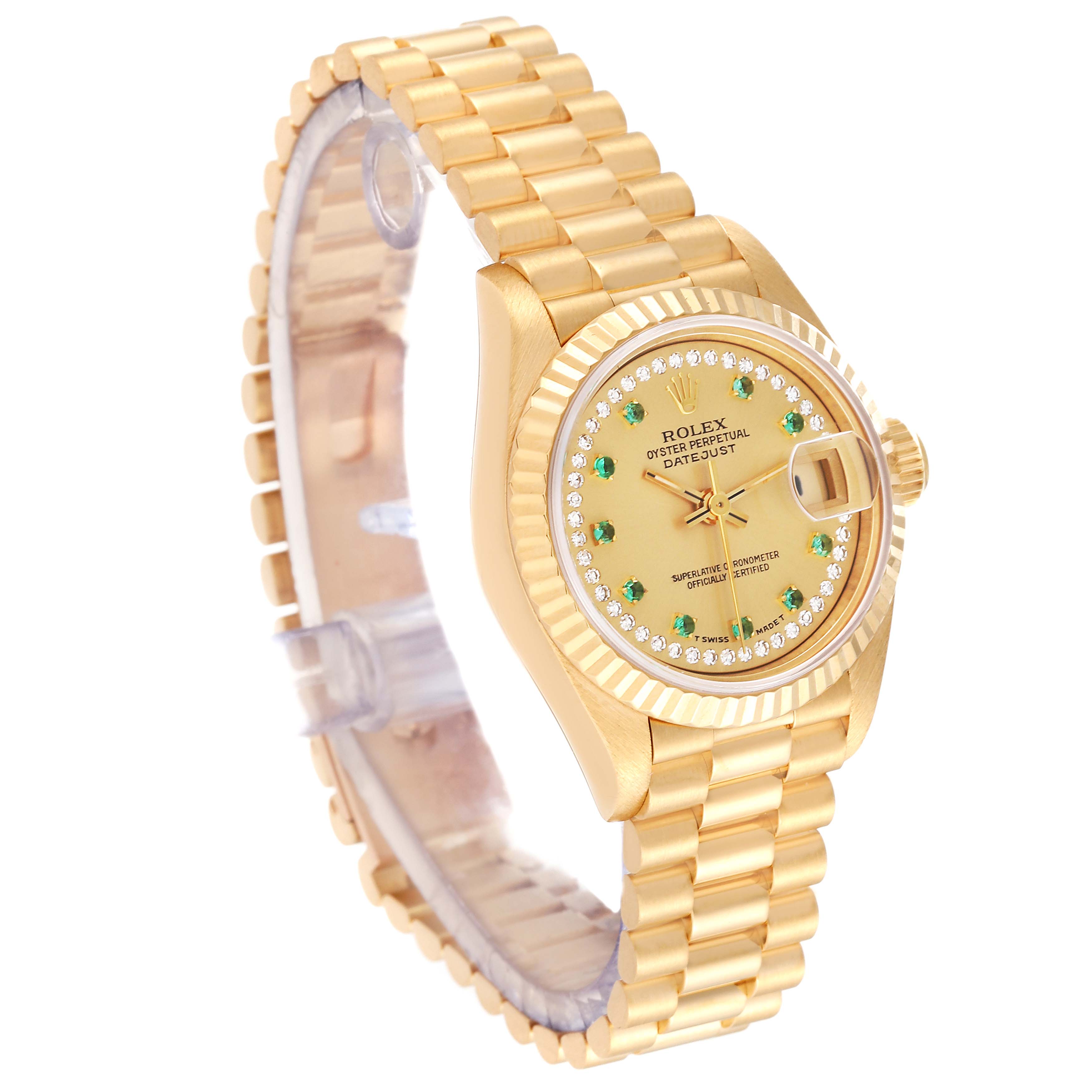 The image shows a side view of the Rolex President 69178 Women's Yellow Gold Champagne Dial 69178 Women's Yellow Gold Champagne Dial model watch, showcasing its gold bracelet and diamond-studded face.