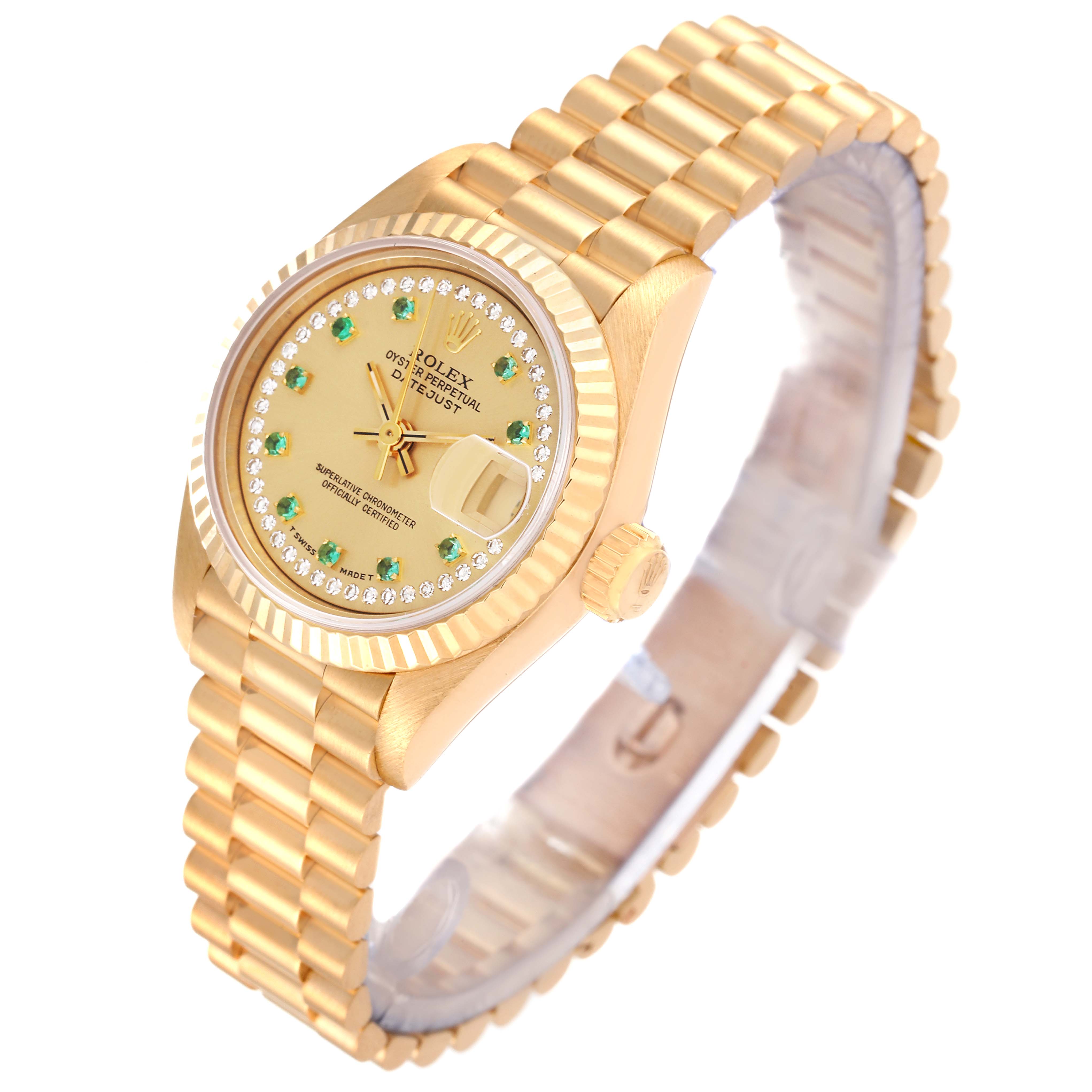 The Rolex President 69178 Women's Yellow Gold Champagne Dial 69178 Women's Yellow Gold Champagne Dial watch is shown at a slight angle, highlighting the face, bezel, crown, and part of the bracelet.
