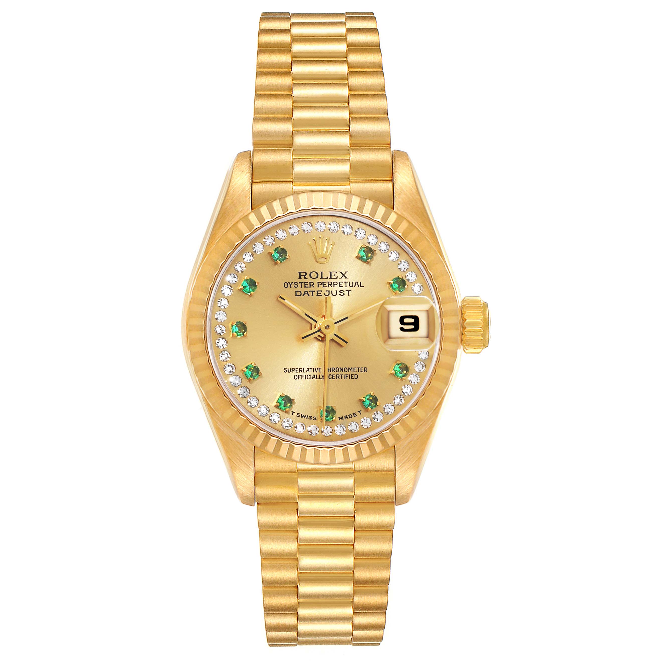 This image shows a front view of a Rolex President 69178 Women's Yellow Gold Champagne Dial 69178 Women's Yellow Gold Champagne Dial model watch, showcasing the dial, hands, date window, bezel, and bracelet.