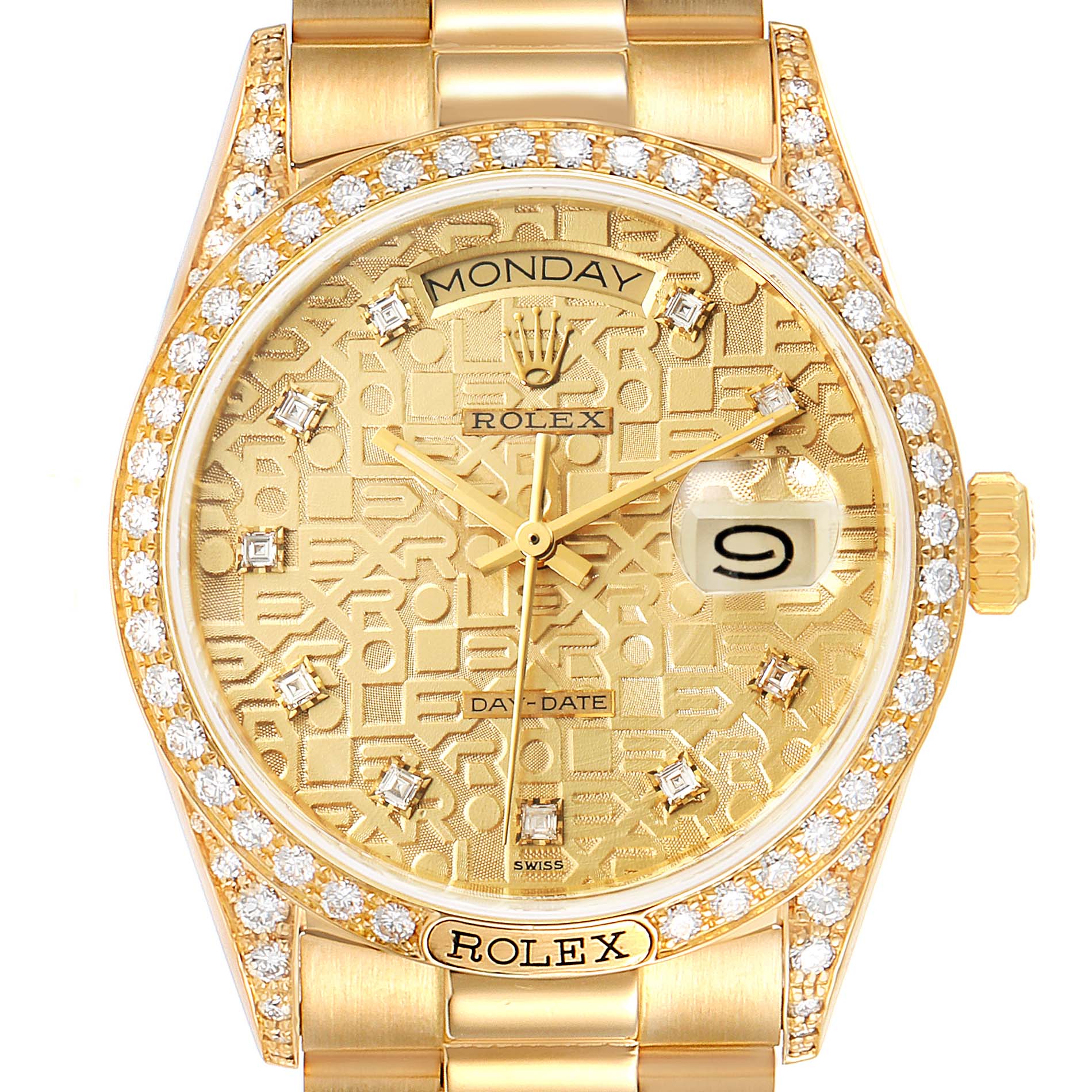 The image shows the front view of a Rolex President 18138 Men's Yellow Gold Champagne Dial 18138 Men's Yellow Gold Champagne Dial model watch, highlighting its gold dial, diamond bezel, and bracelet.