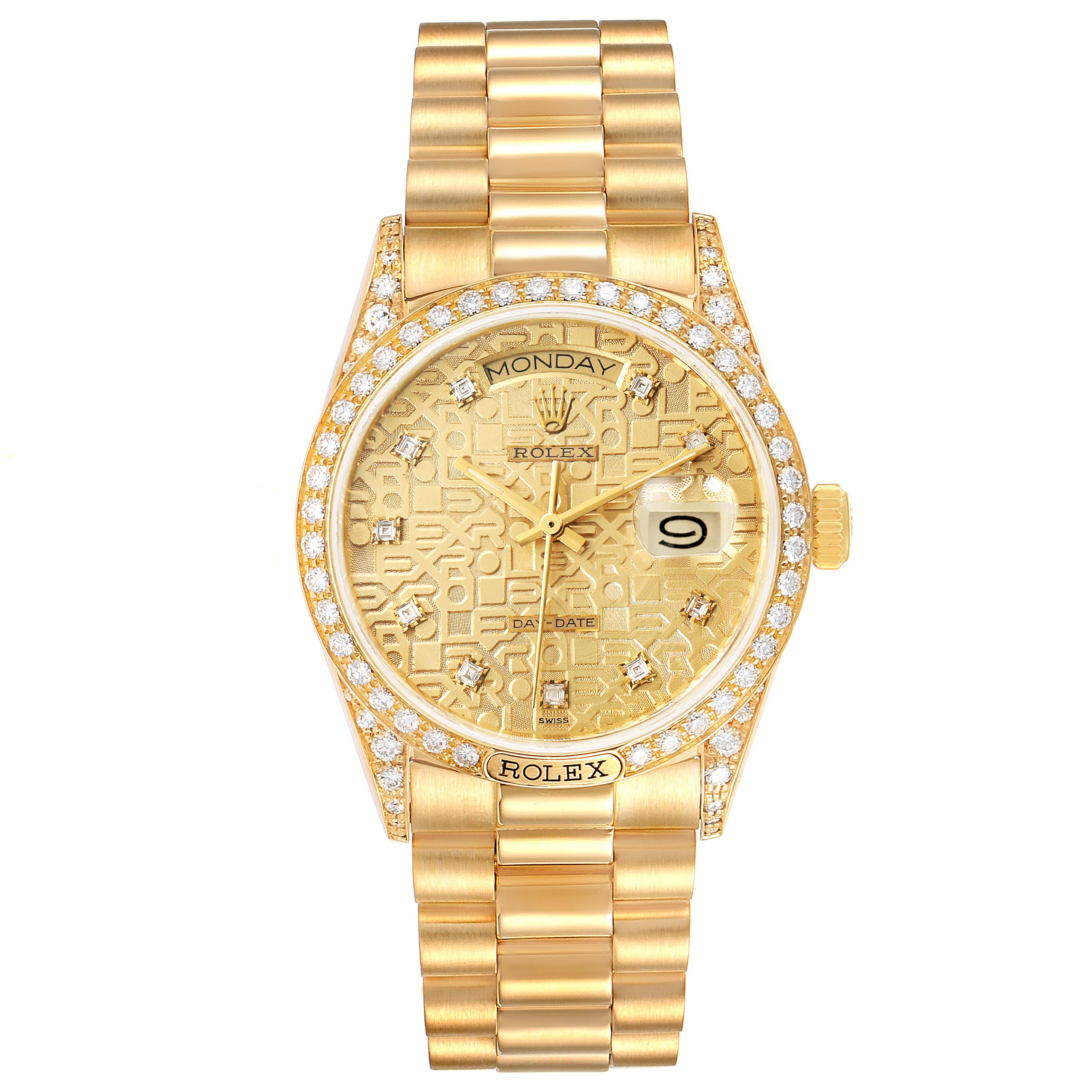 This image shows a frontal view of a Rolex President 18138 Men's Yellow Gold Champagne Dial 18138 Men's Yellow Gold Champagne Dial model watch highlighting the dial, bracelet, bezel, and crown.