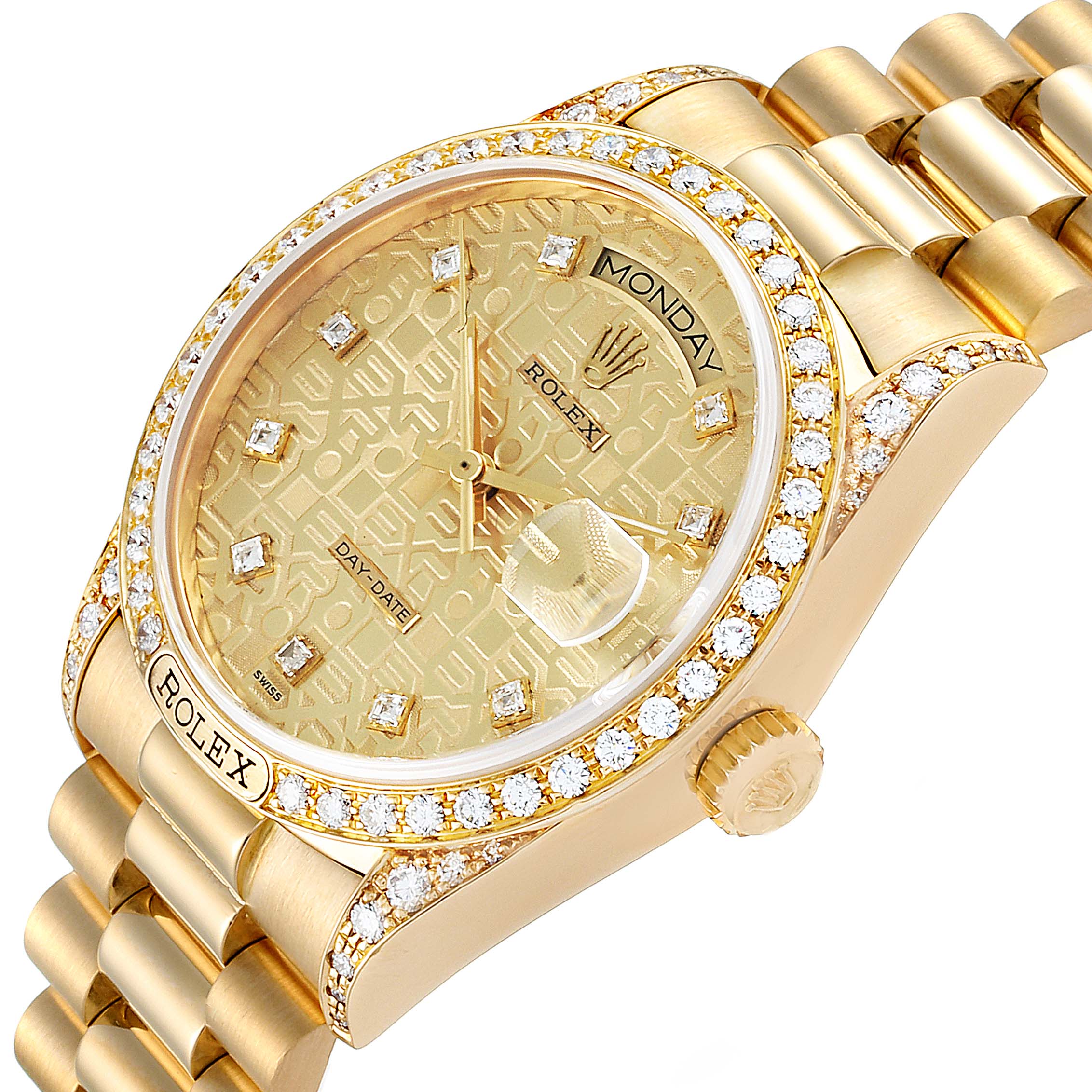 This image shows a Rolex President 18138 Men's Yellow Gold Champagne Dial 18138 Men's Yellow Gold Champagne Dial model watch from an angled top-down view, showcasing the dial, bezel, crown, and bracelet.