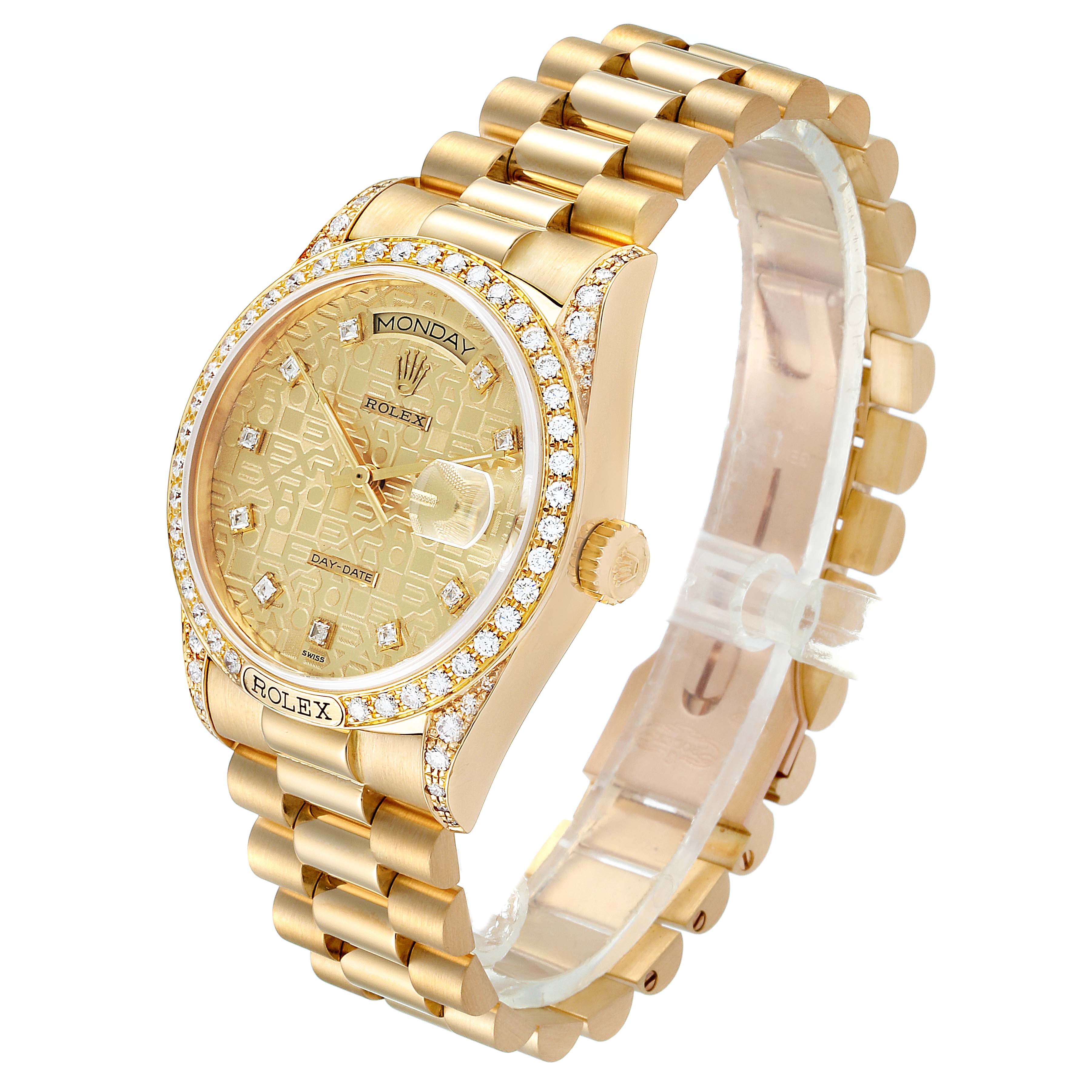 The Rolex President 18138 Men's Yellow Gold Champagne Dial 18138 Men's Yellow Gold Champagne Dial model watch is shown at a three-quarter angle, displaying the face, bezel, crown, and bracelet.