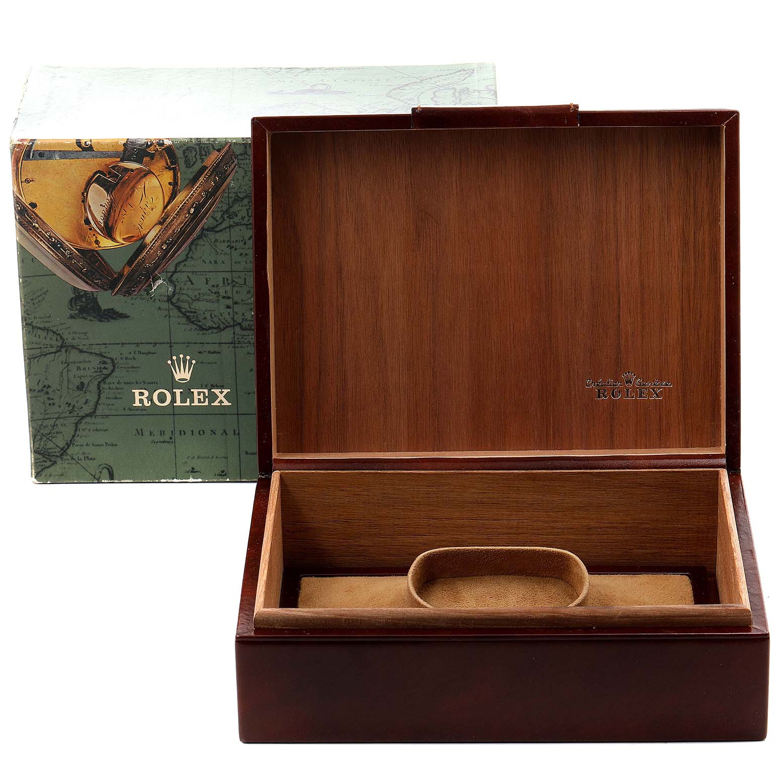 This image shows an open wooden box and packaging for a Rolex President 18138 Men's Yellow Gold Champagne Dial 18138 Men's Yellow Gold Champagne Dial model watch.