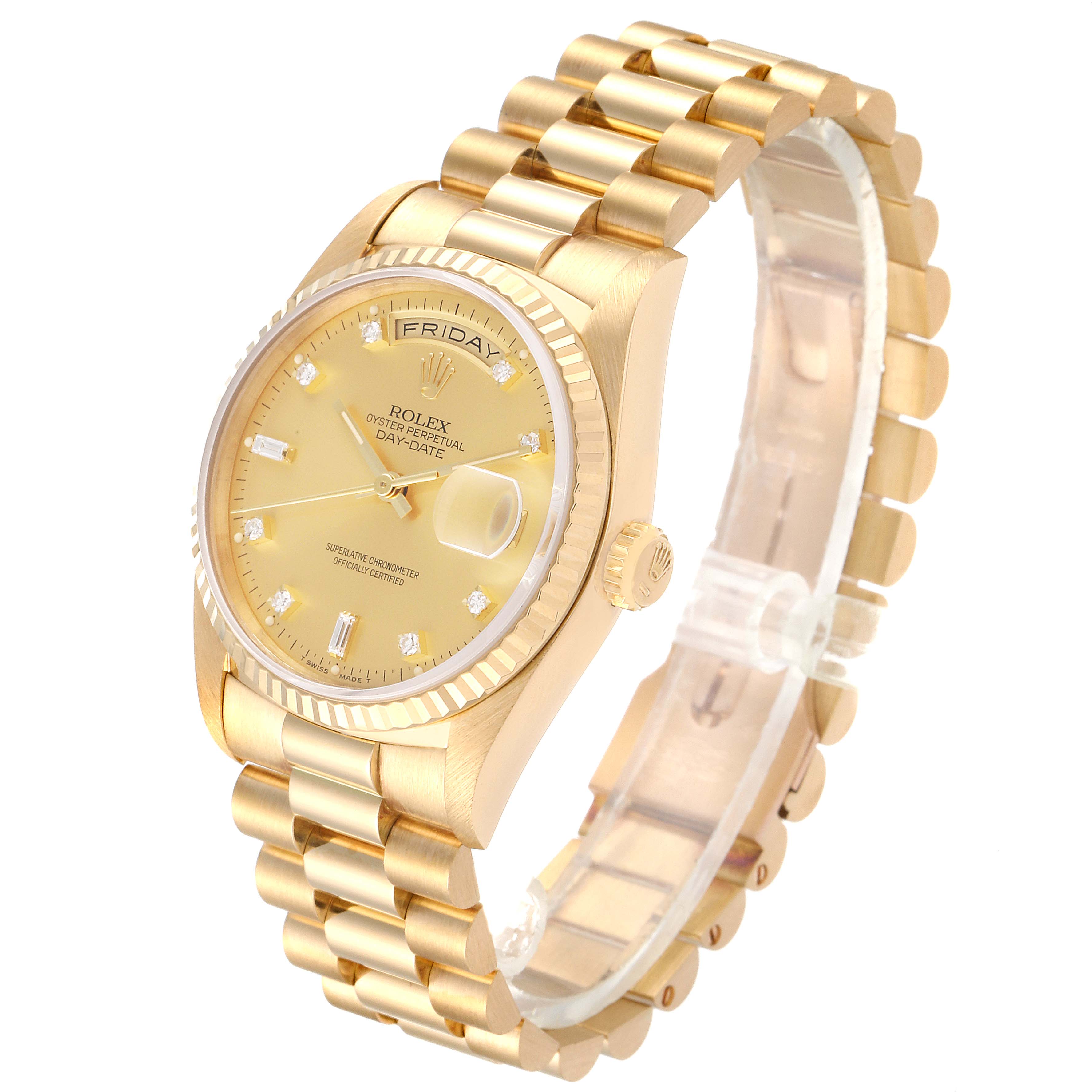 The image shows a Rolex President 18238 Men's Yellow Gold Champagne Dial 18238 Men's Yellow Gold Champagne Dial model watch at an angle highlighting the gold case, bracelet, dial, and fluted bezel.