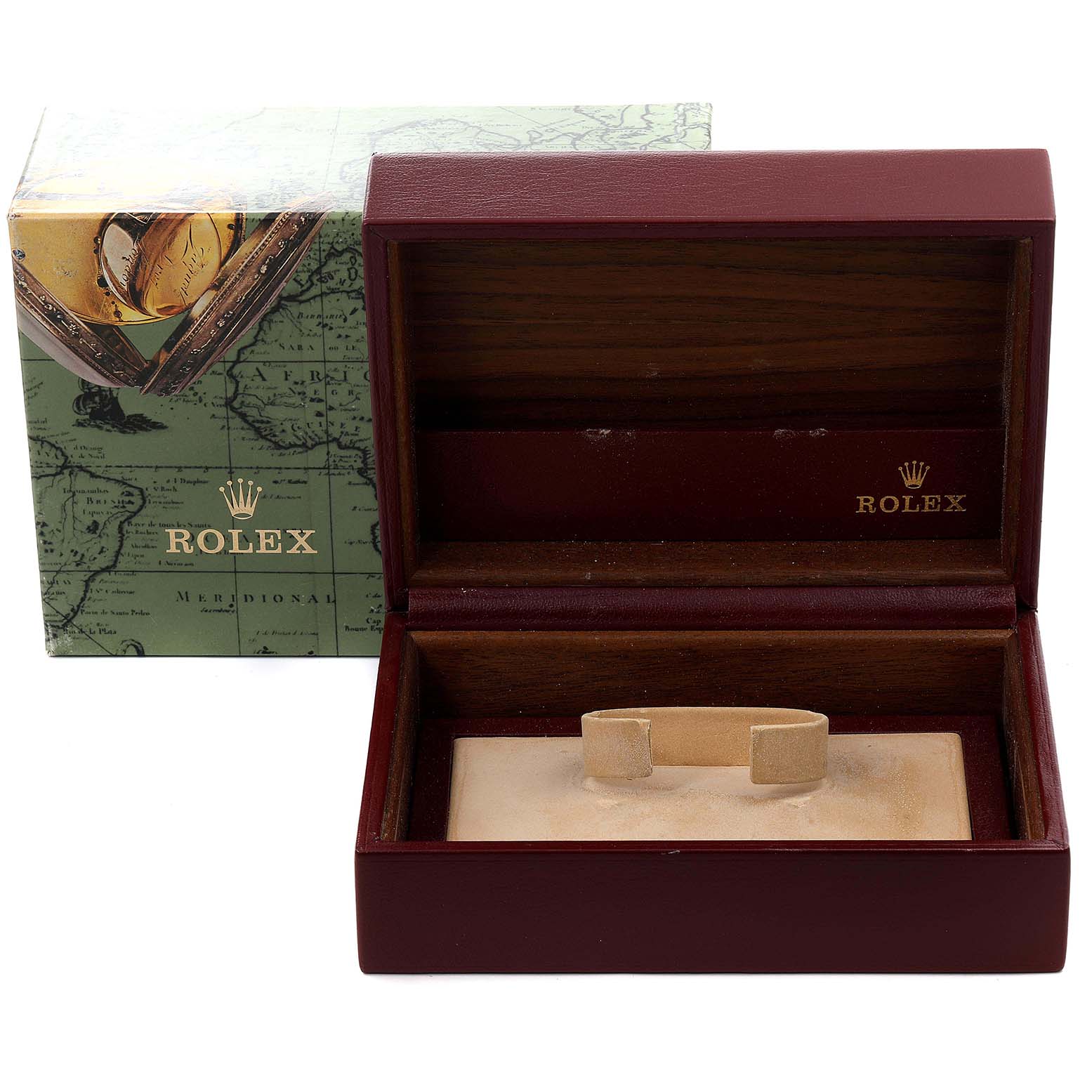 The image shows an empty Rolex President 18238 Men's Yellow Gold Champagne Dial 18238 Men's Yellow Gold Champagne Dial model watch box with an open case and its outer packaging.
