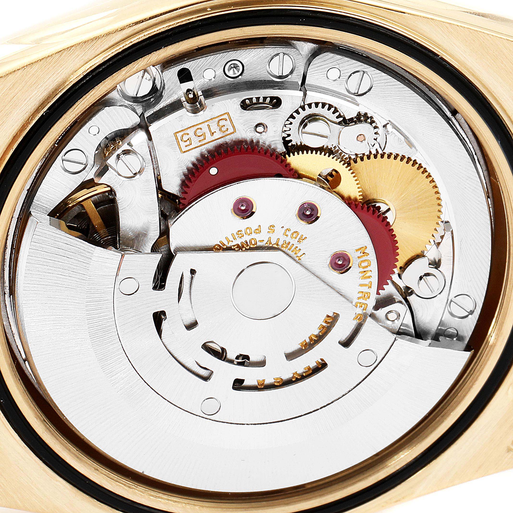 This image shows a close-up of the internal mechanical movement of a Rolex President 18238 Men's Yellow Gold Champagne Dial 18238 Men's Yellow Gold Champagne Dial model watch.