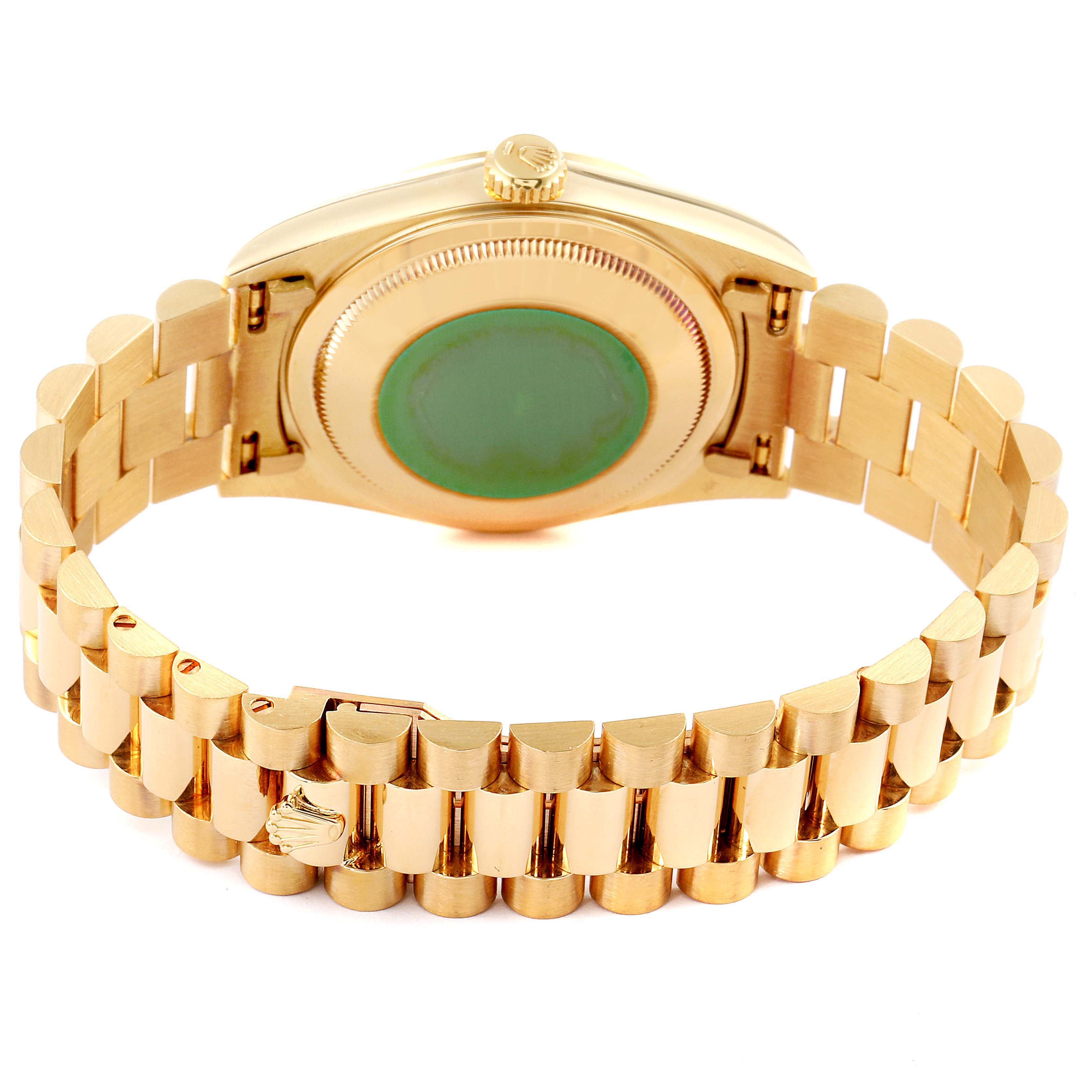 The image shows the back view of a Rolex President 18238 Men's Yellow Gold Champagne Dial 18238 Men's Yellow Gold Champagne Dial model watch, highlighting the case back and gold bracelet.