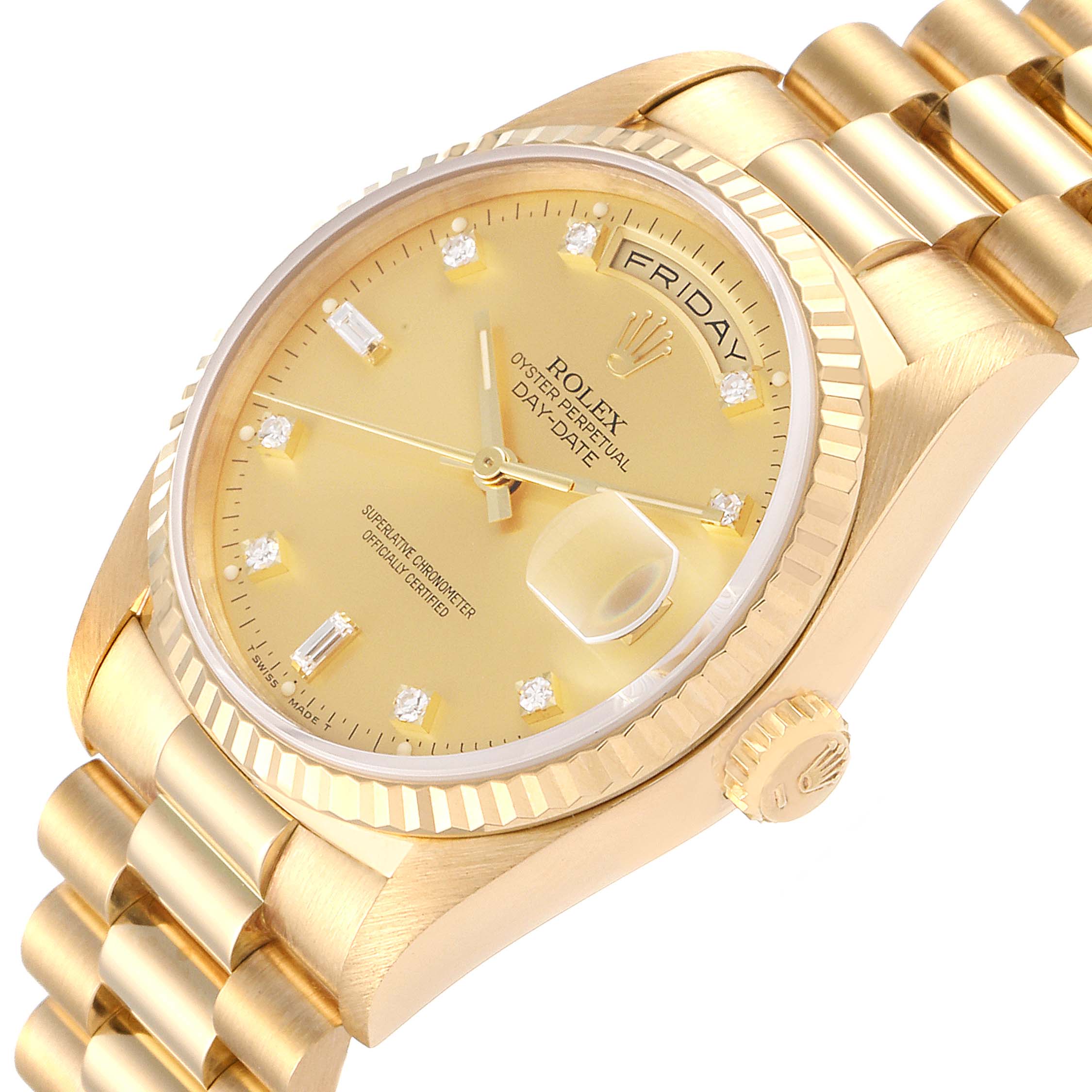 The Rolex President 18238 Men's Yellow Gold Champagne Dial 18238 Men's Yellow Gold Champagne Dial model watch is shown at an angled view highlighting the face, crown, and part of the bracelet.
