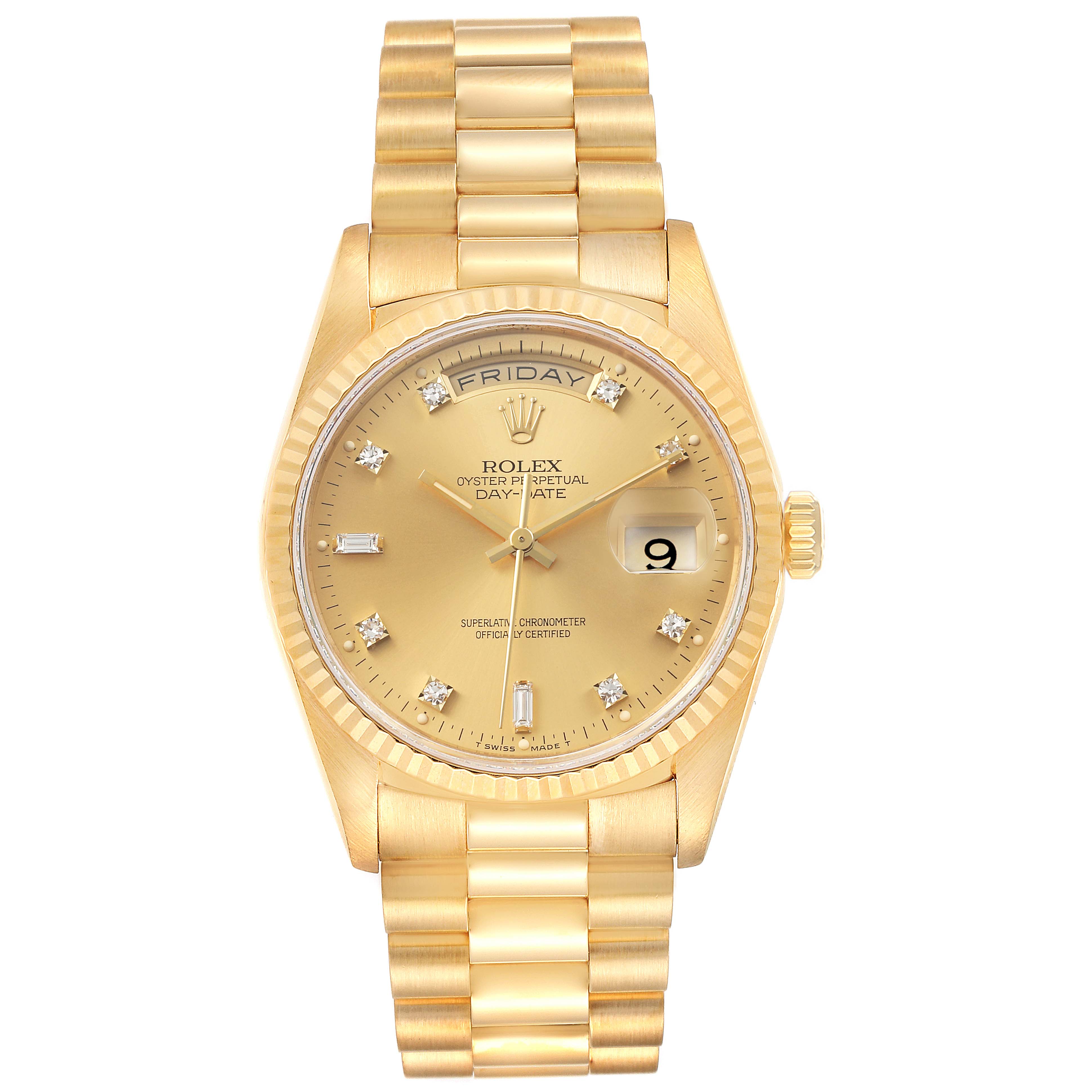 This image shows a frontal view of the Rolex President 18238 Men's Yellow Gold Champagne Dial 18238 Men's Yellow Gold Champagne Dial model watch with a gold case, gold bracelet, and diamond hour markers.