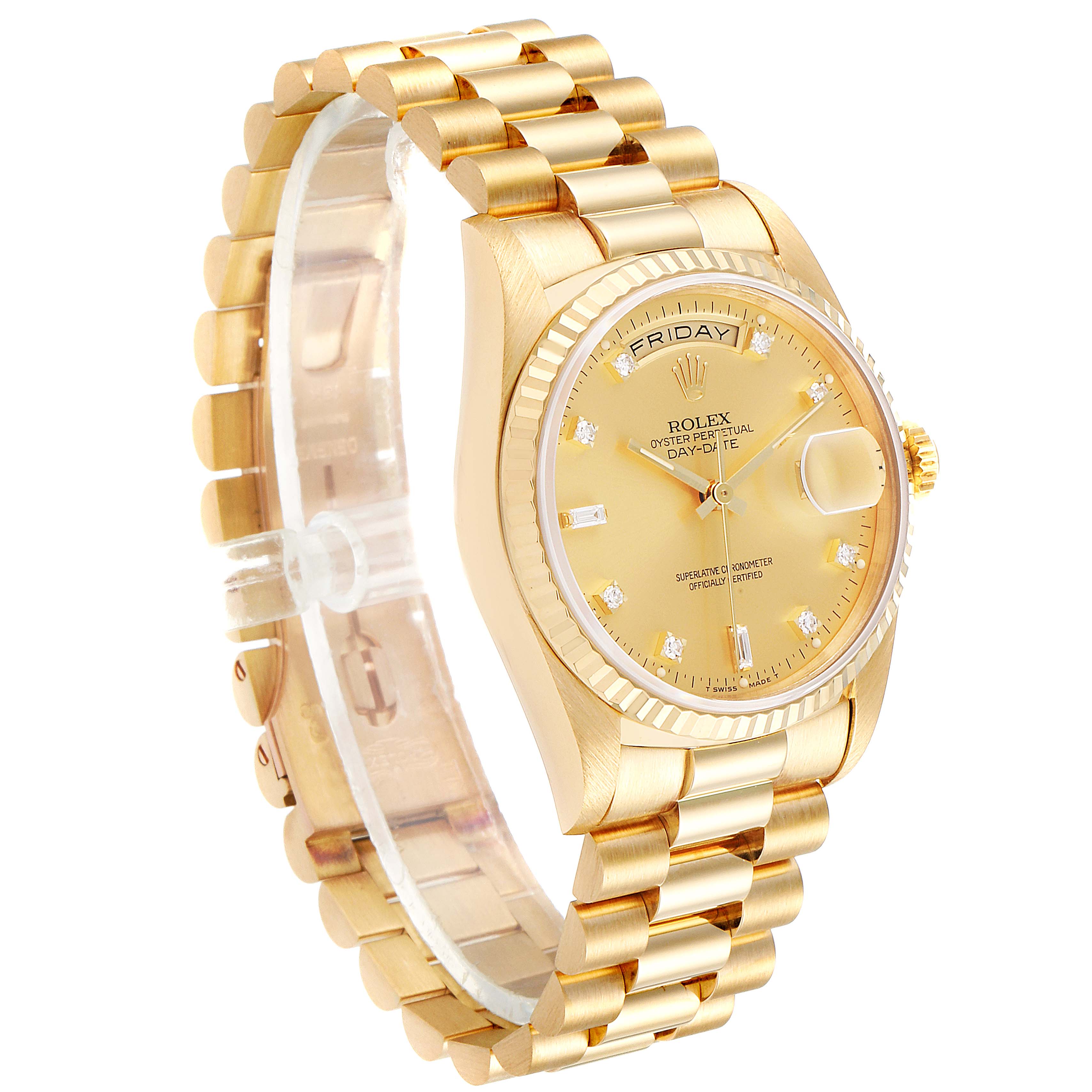 The image shows a side angle of a Rolex President 18238 Men's Yellow Gold Champagne Dial 18238 Men's Yellow Gold Champagne Dial model watch, highlighting the bracelet, case, dial, and fluted bezel.