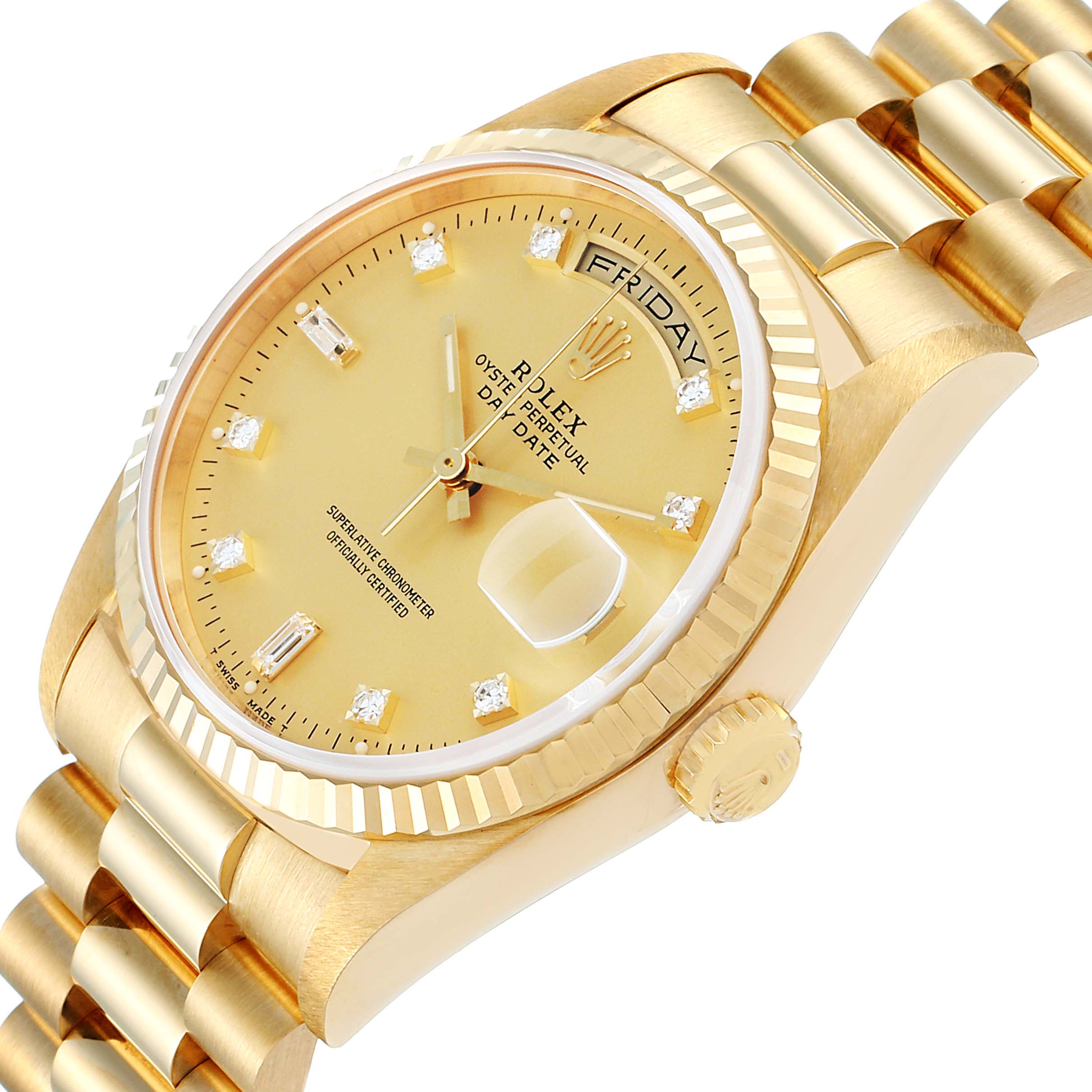 The Rolex President 18238 Men's Yellow Gold Champagne Dial 18238 Men's Yellow Gold Champagne Dial watch is shown at a slight angle, displaying the dial, bezel, crown, and part of the bracelet.