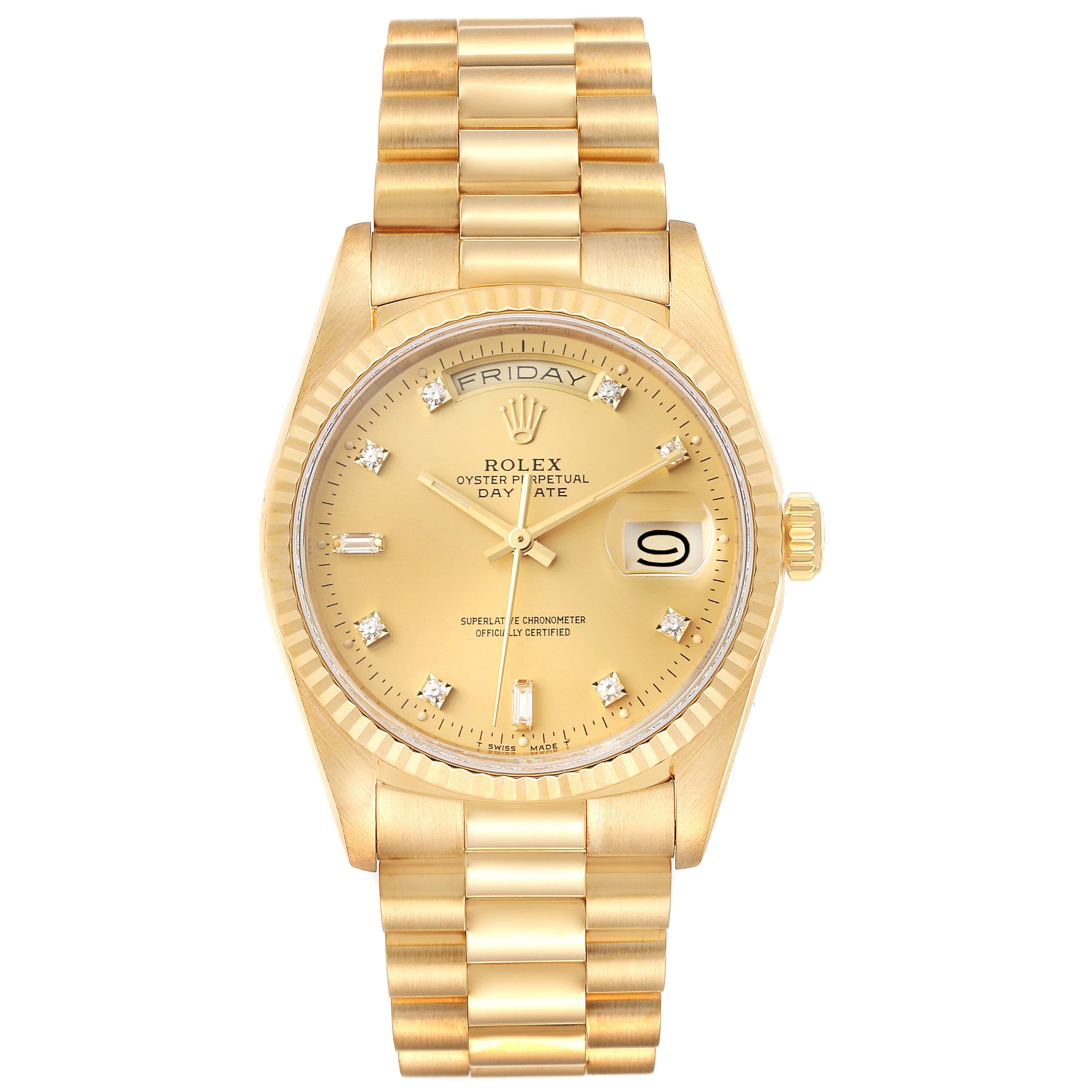 The image shows a Rolex President 18238 Men's Yellow Gold Champagne Dial 18238 Men's Yellow Gold Champagne Dial model watch with a gold bracelet, viewed from the front, displaying the day, date, and hour markings.