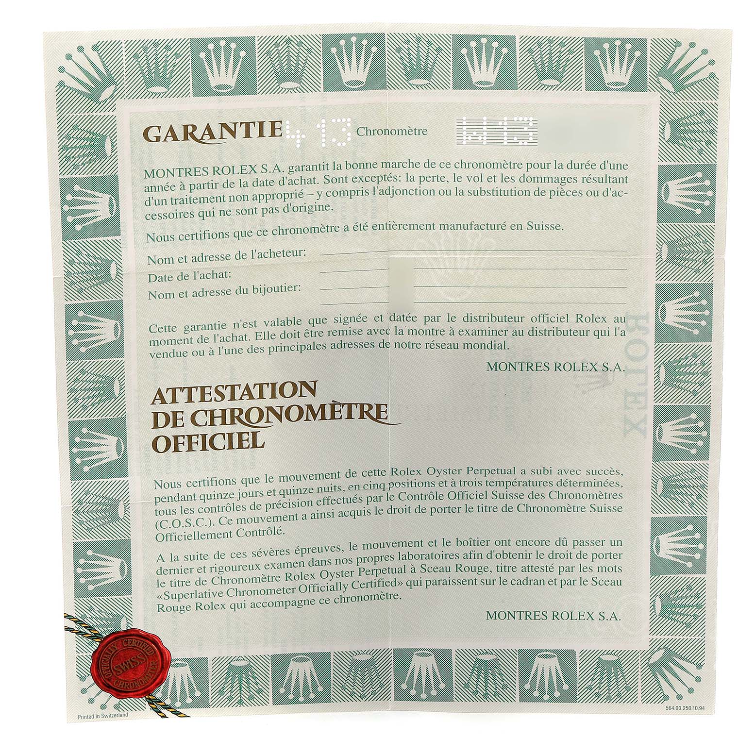 The image shows a warranty certificate for a Rolex President 18238 Men's Yellow Gold Champagne Dial 18238 Men's Yellow Gold Champagne Dial model watch.