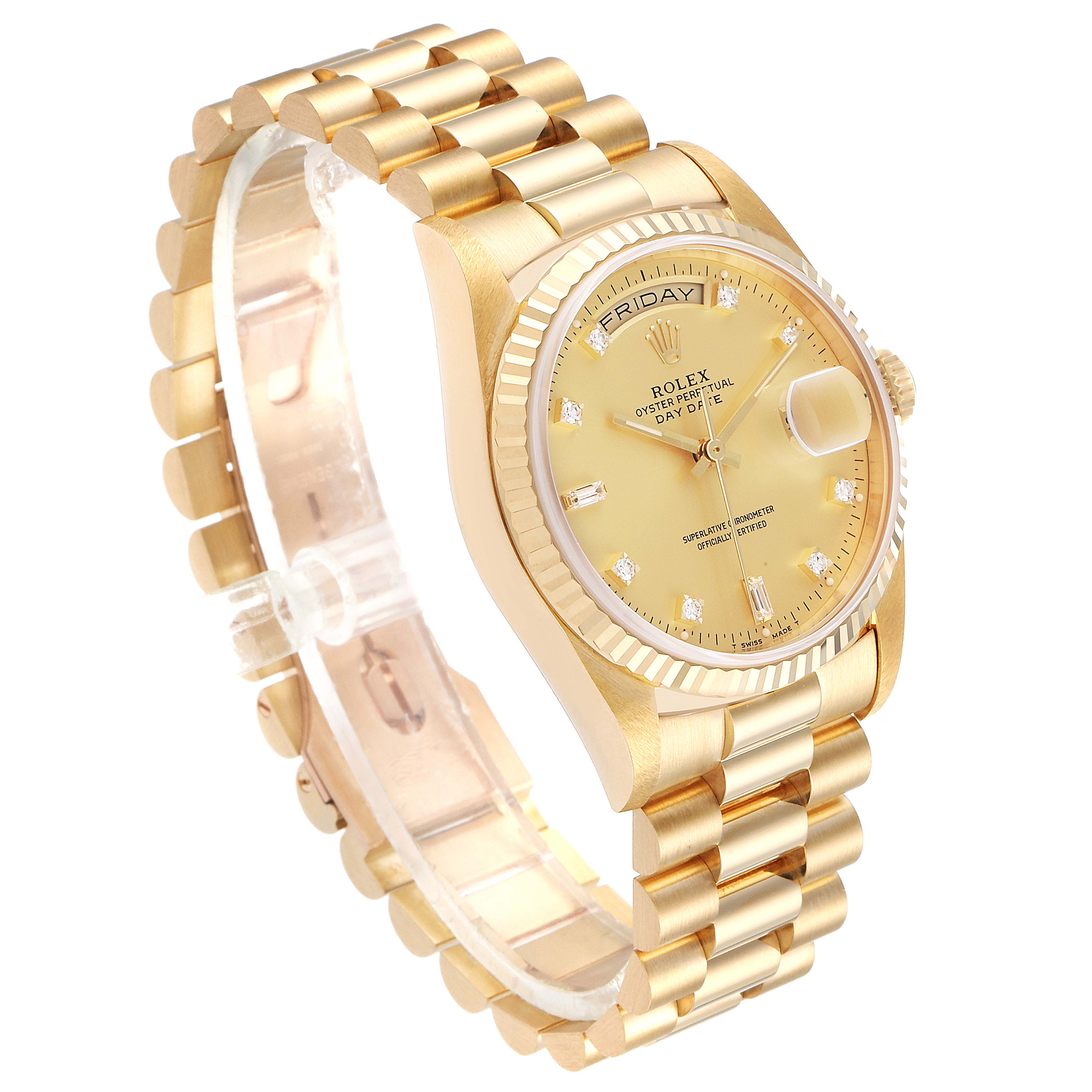 The image shows a Rolex President 18238 Men's Yellow Gold Champagne Dial 18238 Men's Yellow Gold Champagne Dial model watch at a 3/4 angle, highlighting the gold case, fluted bezel, and strap.