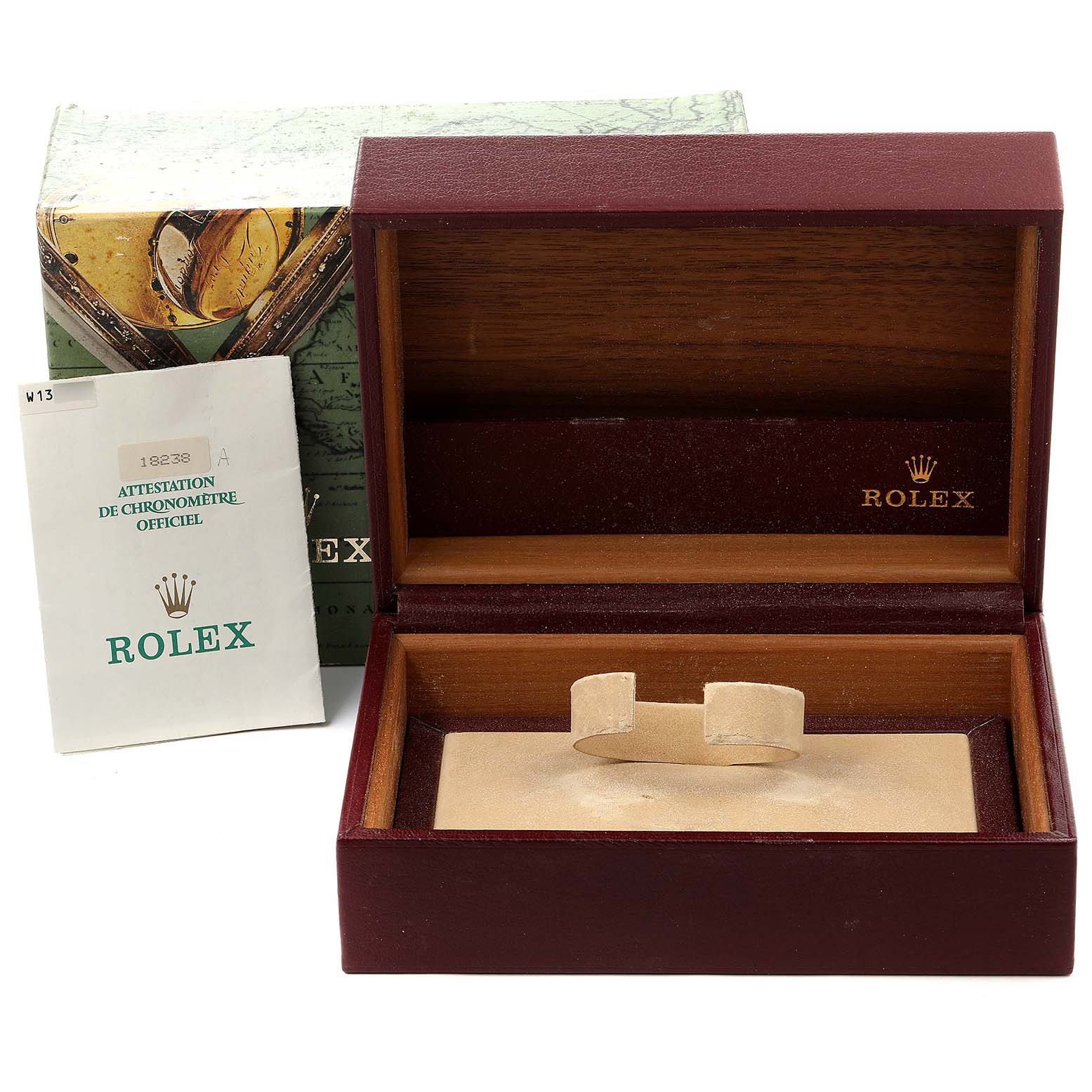 The image shows a Rolex President 18238 Men's Yellow Gold Champagne Dial 18238 Men's Yellow Gold Champagne Dial model watch box, an authenticity certificate, and its outer packaging.