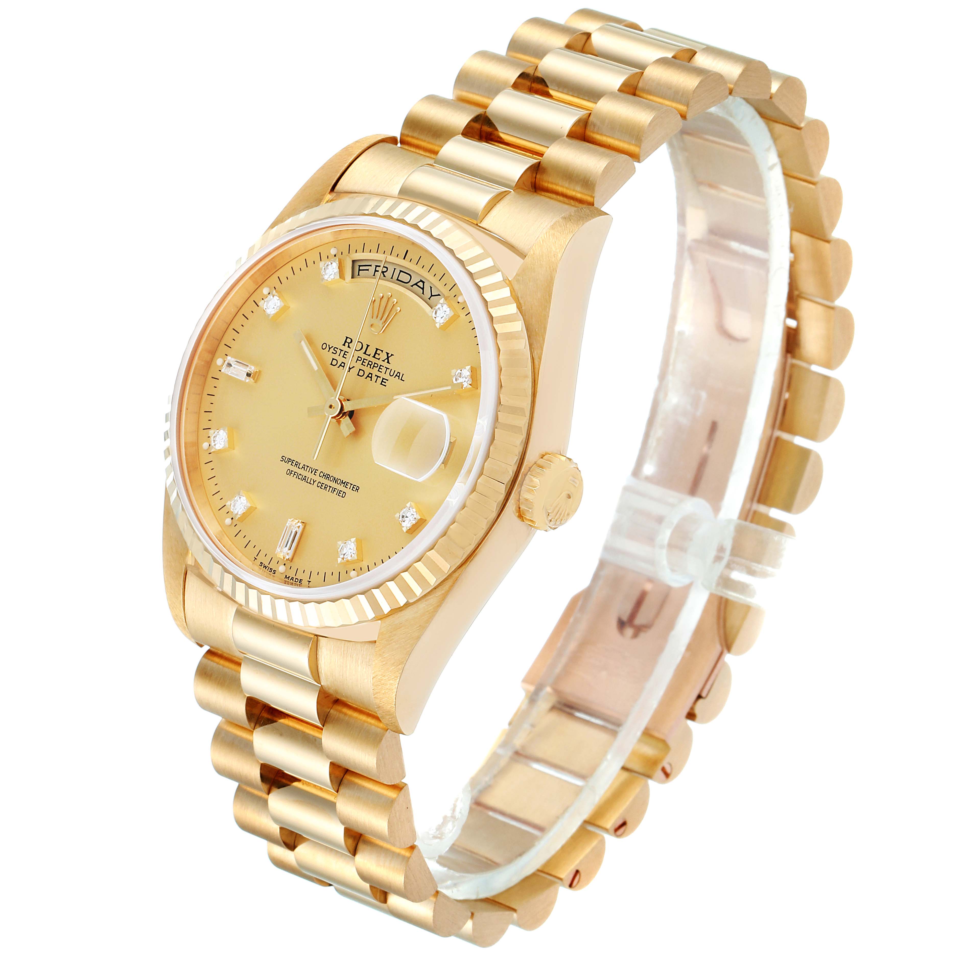 The image shows a Rolex President 18238 Men's Yellow Gold Champagne Dial 18238 Men's Yellow Gold Champagne Dial model watch at a three-quarter angle highlighting its gold band, crown, and dial.