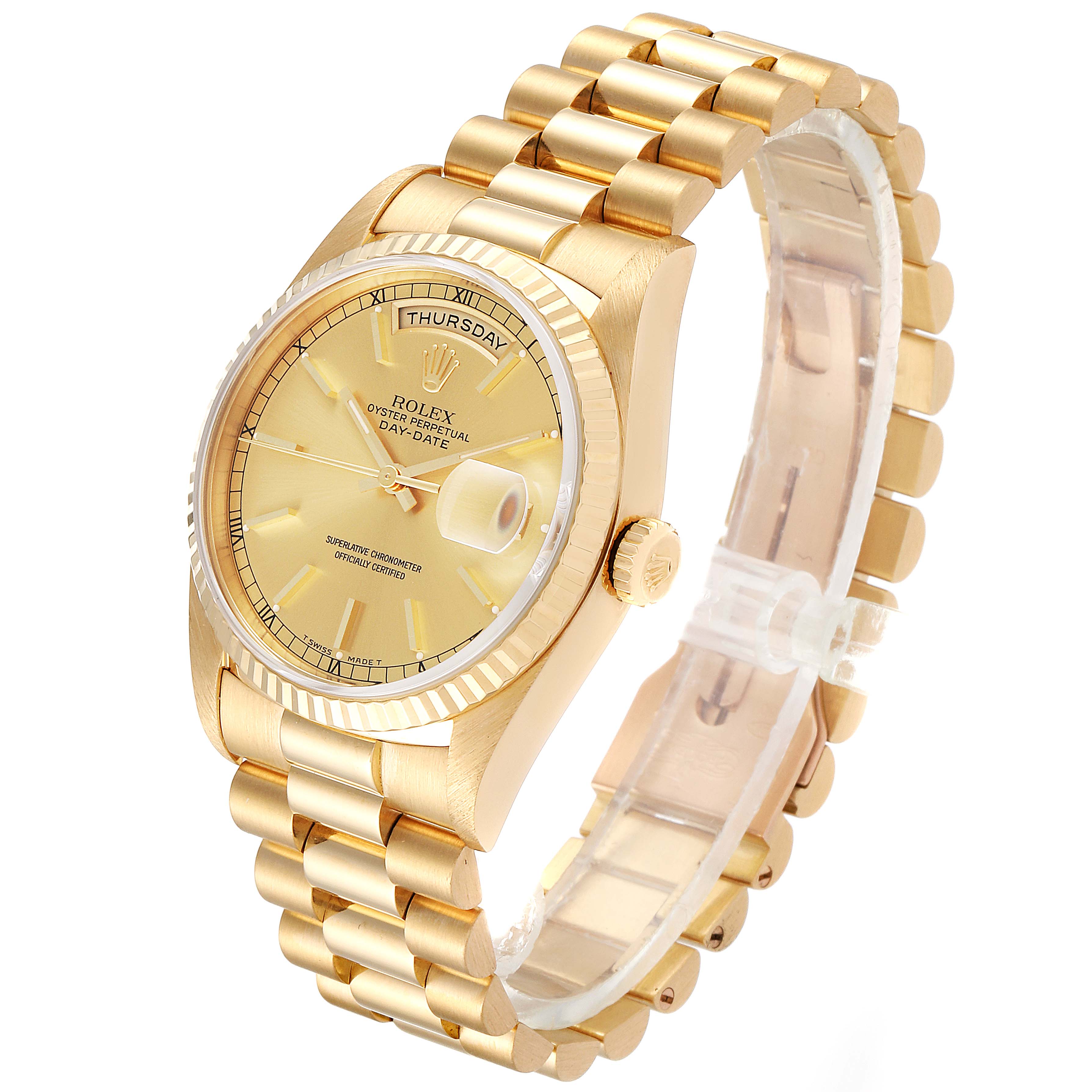 The image shows a gold Rolex President 18238 Men's Yellow Gold Champagne Dial 18238 Men's Yellow Gold Champagne Dial model watch, angled to display the face, bezel, crown, and bracelet.
