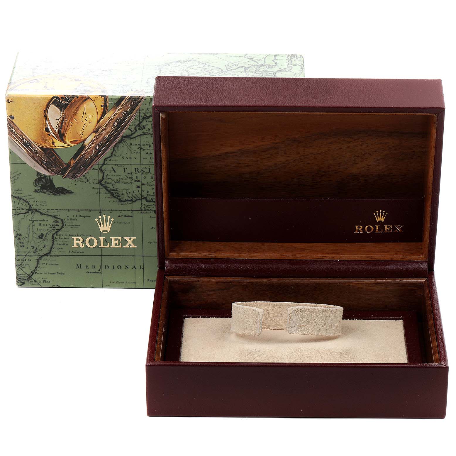 The image shows an empty Rolex box and outer packaging for the President model, viewed from the front.