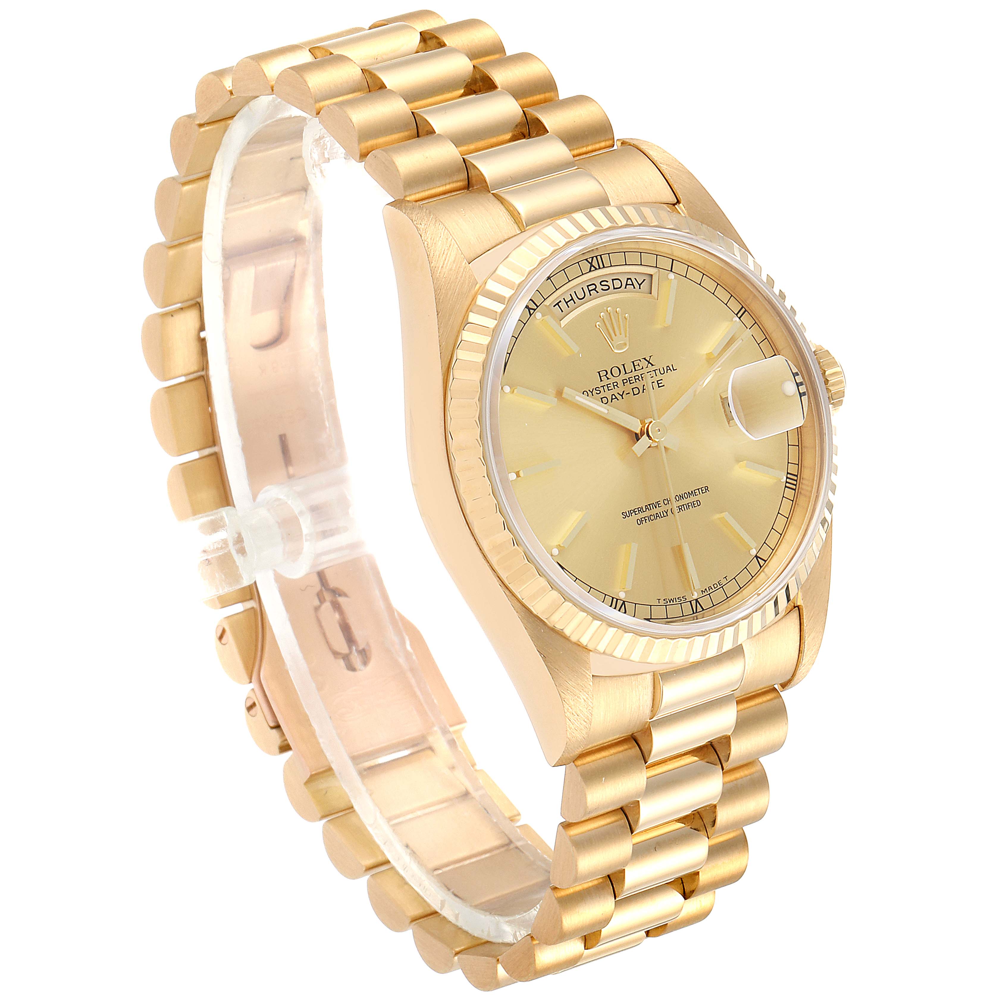 This is a Rolex President 18238 Men's Yellow Gold Champagne Dial 18238 Men's Yellow Gold Champagne Dial model watch shown at a 45-degree angle, displaying the dial, bracelet, and fluted bezel.