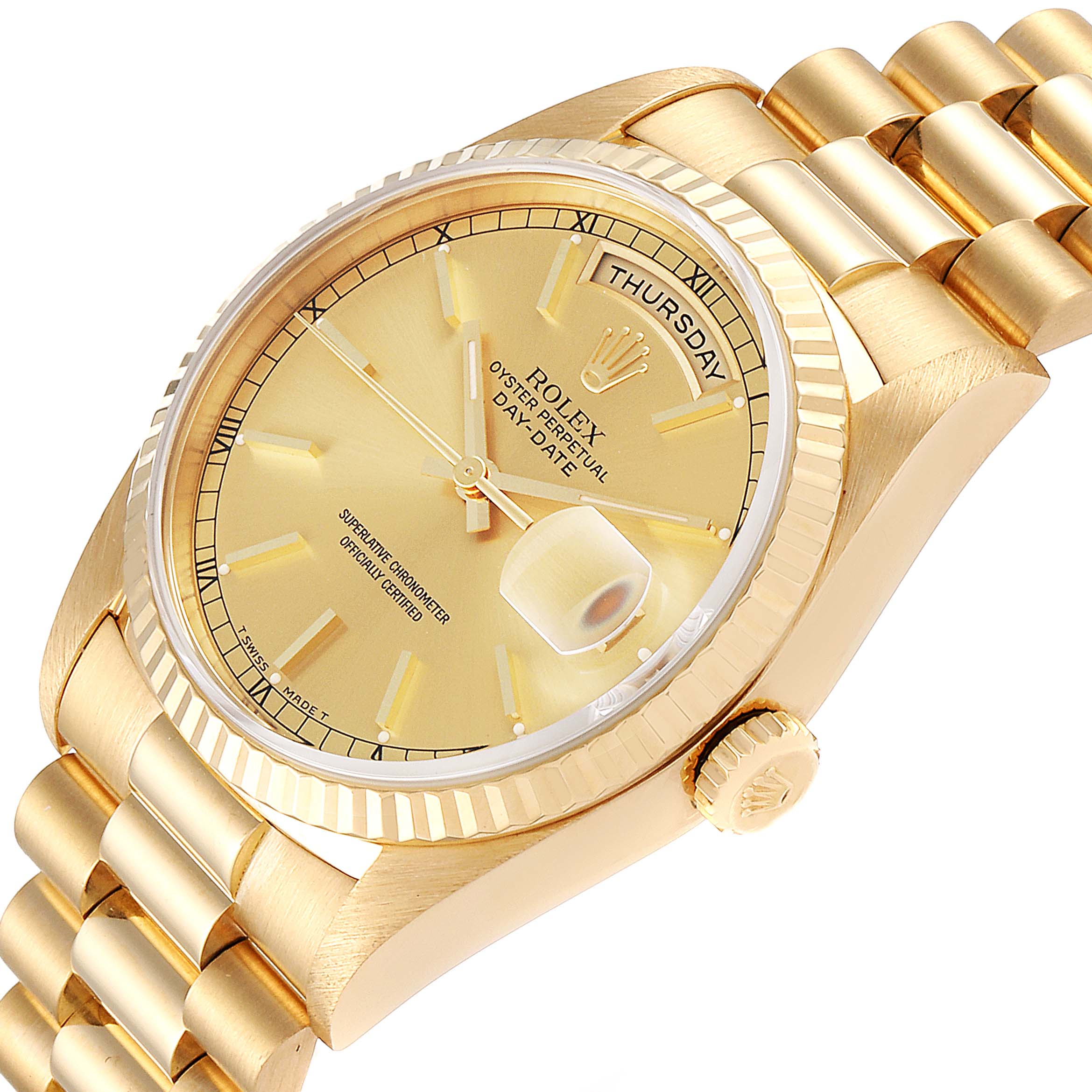 This image shows a close-up of a Rolex President 18238 Men's Yellow Gold Champagne Dial 18238 Men's Yellow Gold Champagne Dial model, highlighting the gold case, dial, crown, and bracelet in an angled view.