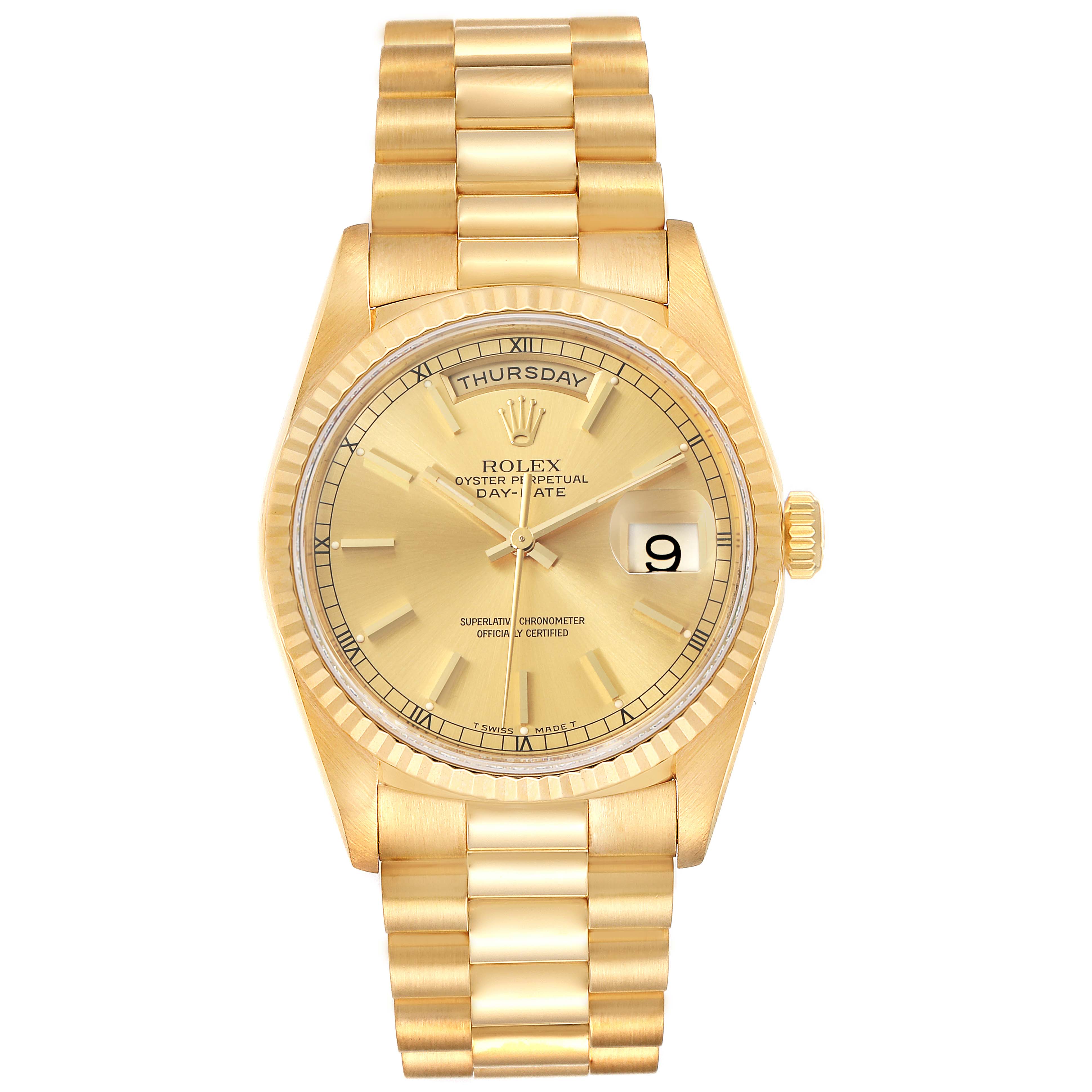 The image shows a front view of a Rolex President 18238 Men's Yellow Gold Champagne Dial 18238 Men's Yellow Gold Champagne Dial model watch, highlighting its gold dial, bezel, and bracelet.