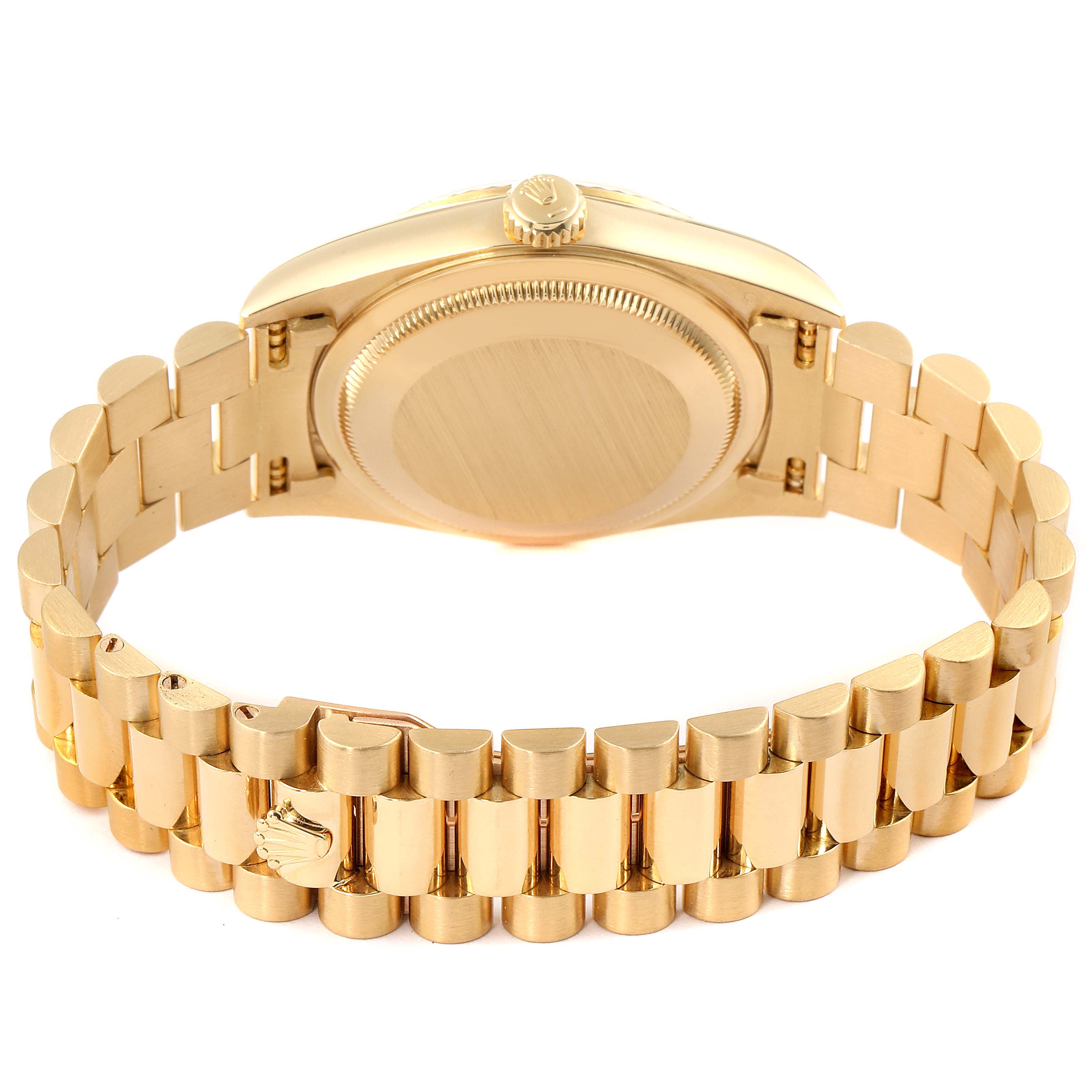 This image shows the back case and bracelet of a Rolex President 18238 Men's Yellow Gold Champagne Dial 18238 Men's Yellow Gold Champagne Dial model watch from a rear angle.