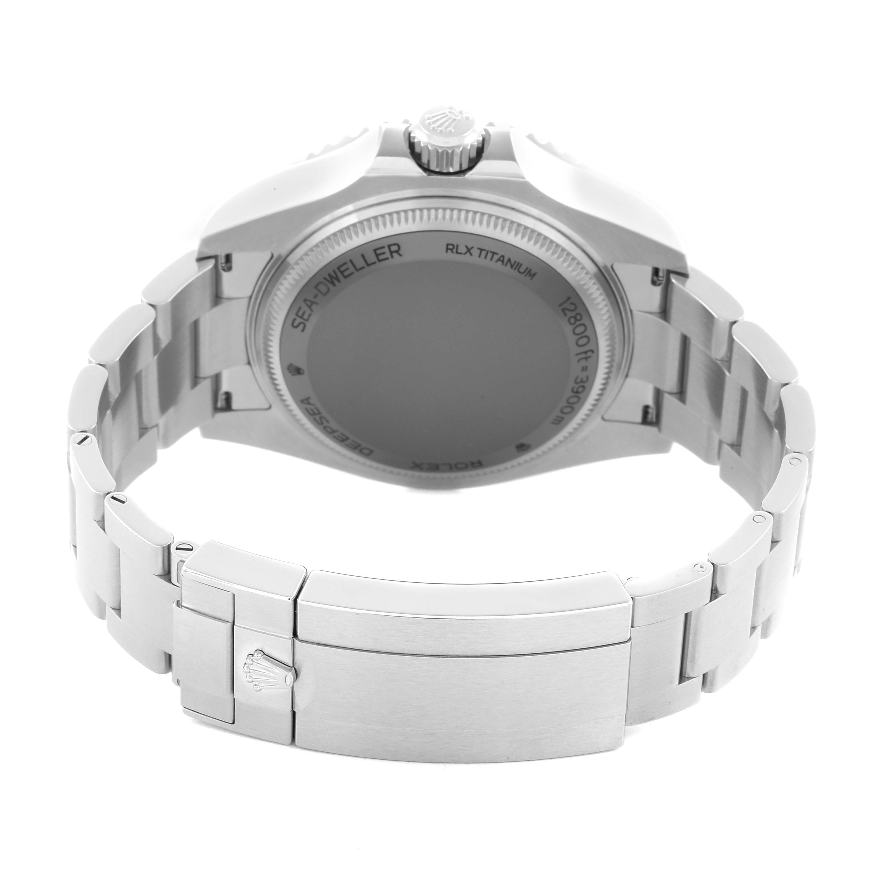 The image shows the back and bracelet of a Rolex Sea-Dweller 136660 Men
s Stainless Steel Black Dial 136660 Men
s Stainless Steel Black Dial watch, highlighting its clasp and caseback.