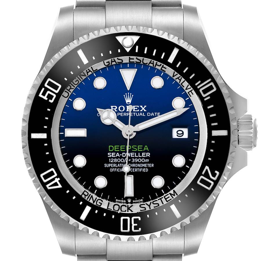 The image shows a front view of the Rolex Sea-Dweller watch, highlighting the dial, bezel, and crown.