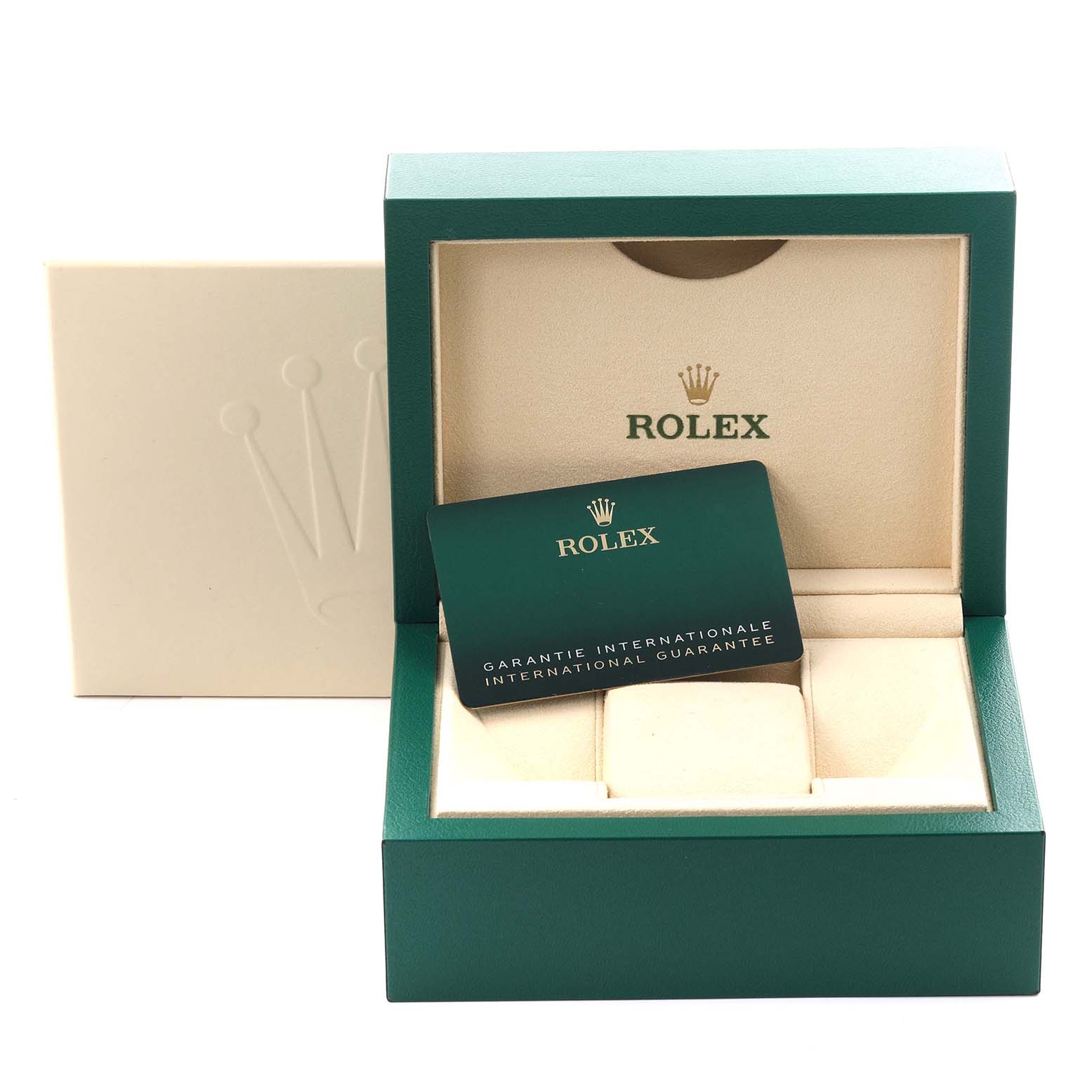 The image shows the packaging and warranty card for a Rolex Sea-Dweller 136660 Men
s Stainless Steel Black Dial 136660 Men
s Stainless Steel Black Dial watch, without the watch itself.