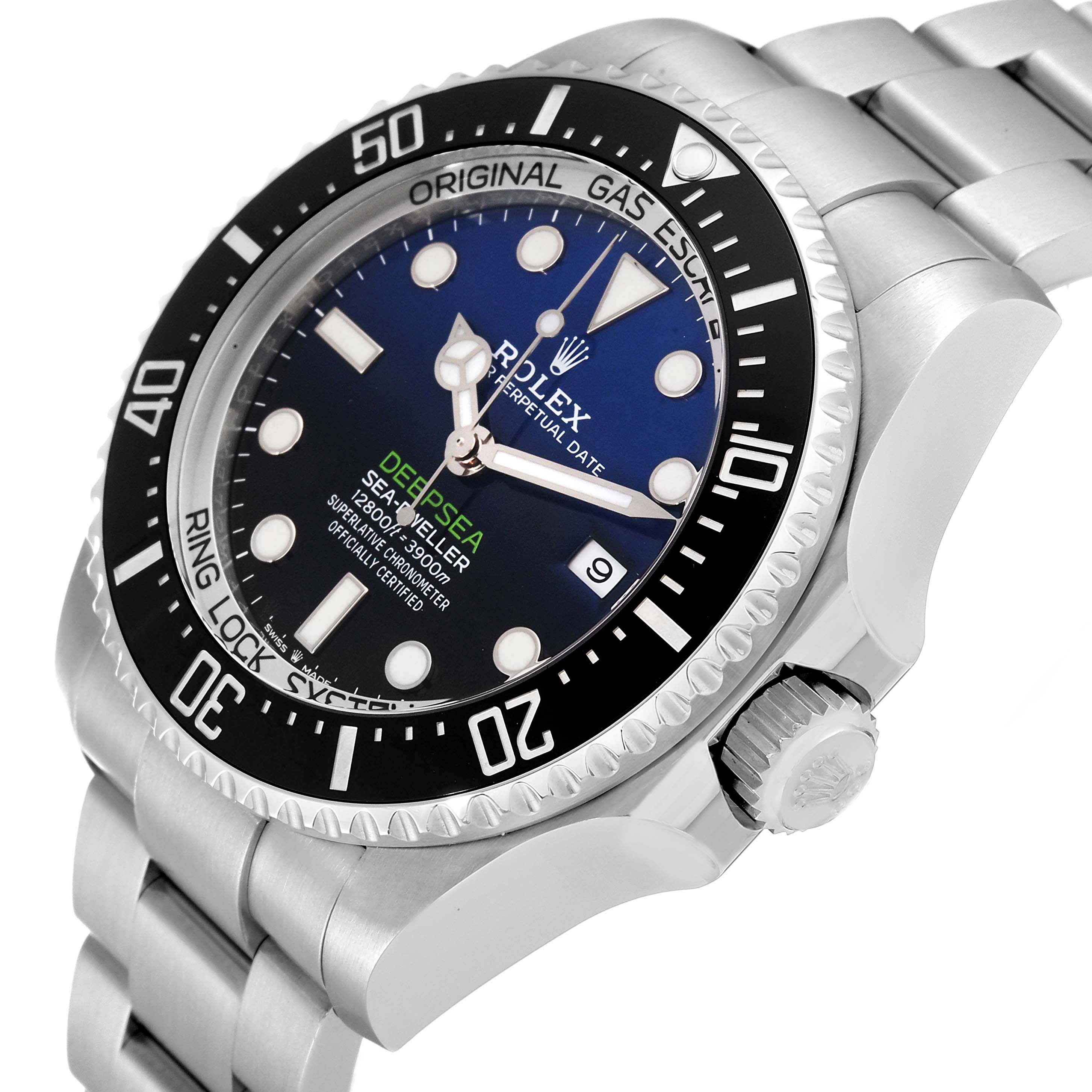 The image shows a Rolex Sea-Dweller 126660 Men's Stainless Steel Blue Dial 126660 Men's Stainless Steel Blue Dial watch at an angled side view, highlighting the dial, bezel, crown, and part of the bracelet.