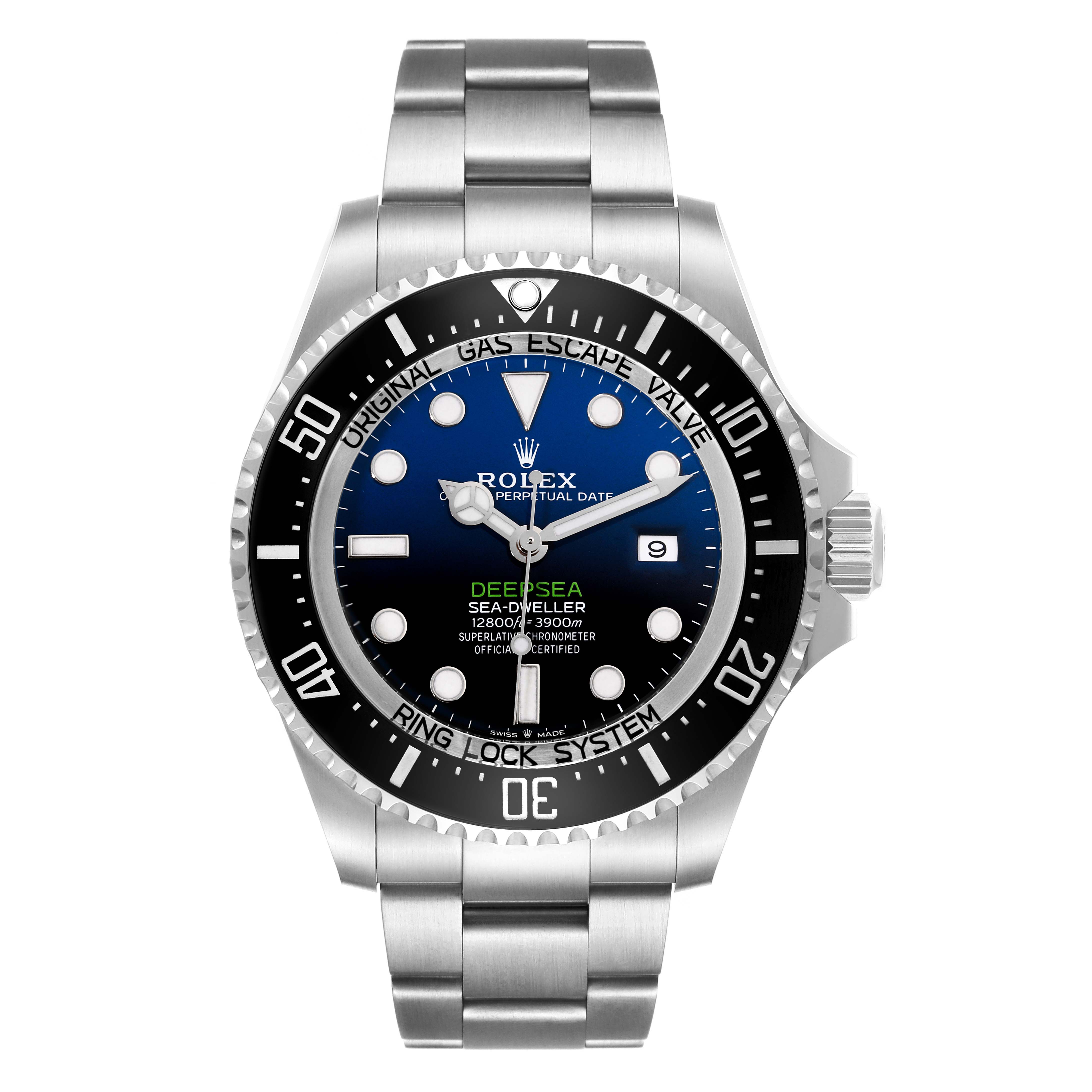 This image shows a front view of the Rolex Sea-Dweller 126660 Men's Stainless Steel Blue Dial 126660 Men's Stainless Steel Blue Dial Deepsea watch, highlighting the dial, bezels, and bracelet.